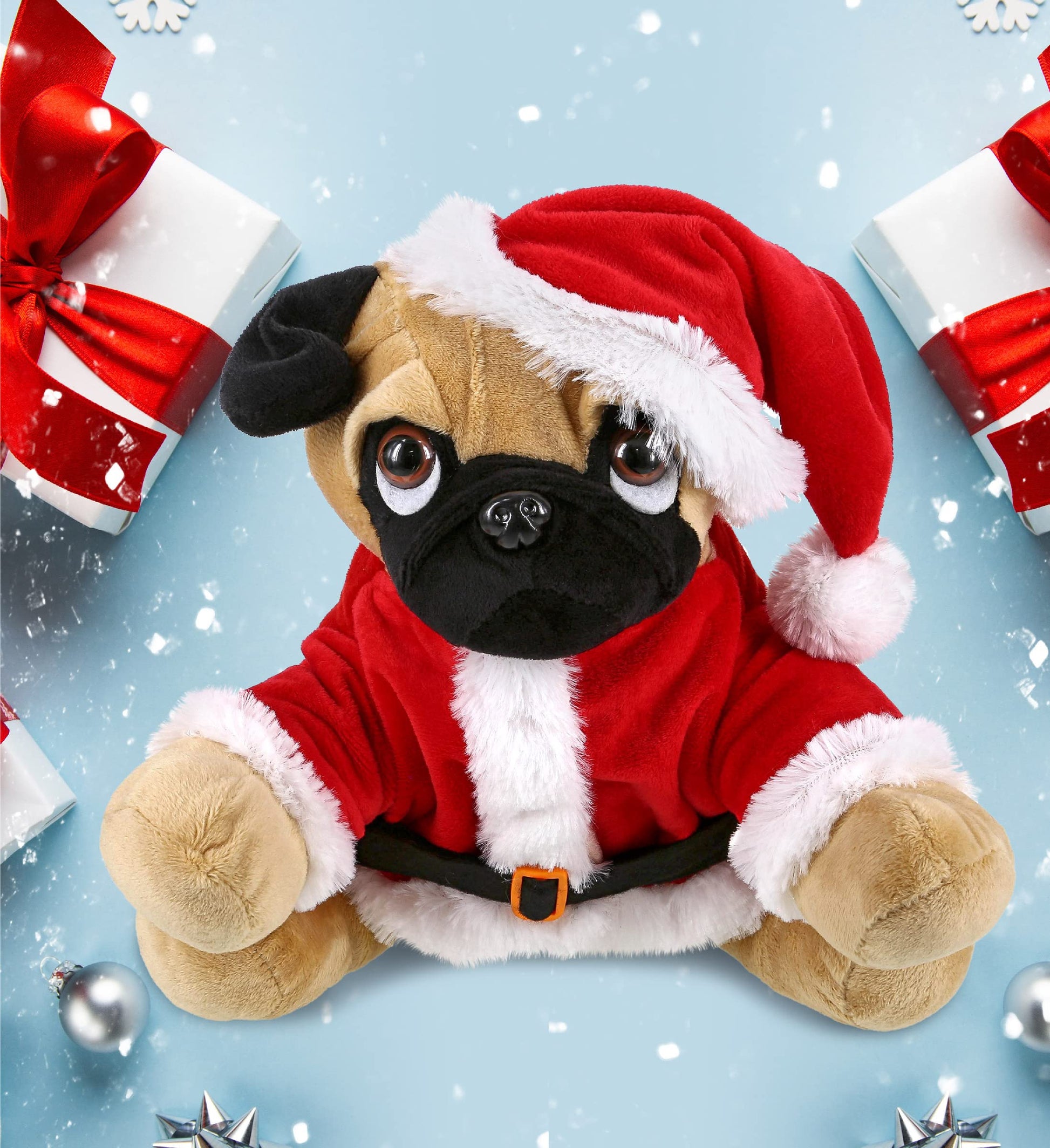 DolliBu Santa Pug Dog Stuffed Animal Plush Toy - Super Soft Dog Plush Dress Up with Red Santa Claus Outfit, Perfect Holiday 10 Inches