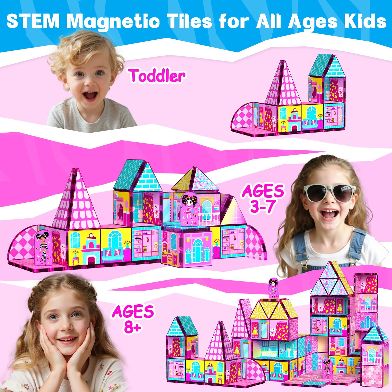 Magnetic Tiles 52PCS Magnetic Building Blocks for Kids Ages 3-5 4-8, STEM Montessori Preschool Classroom Must Haves, Toddler Sensory Educational Toys