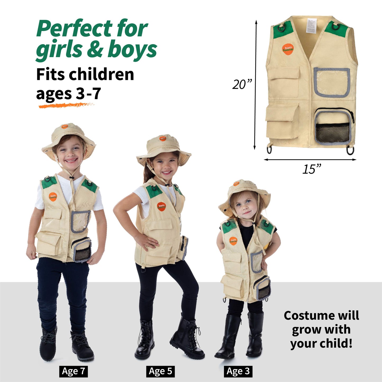 Born Toys Kids Safari Costume Zoo Keeper Dress Up Outfit for Toddler, 3+