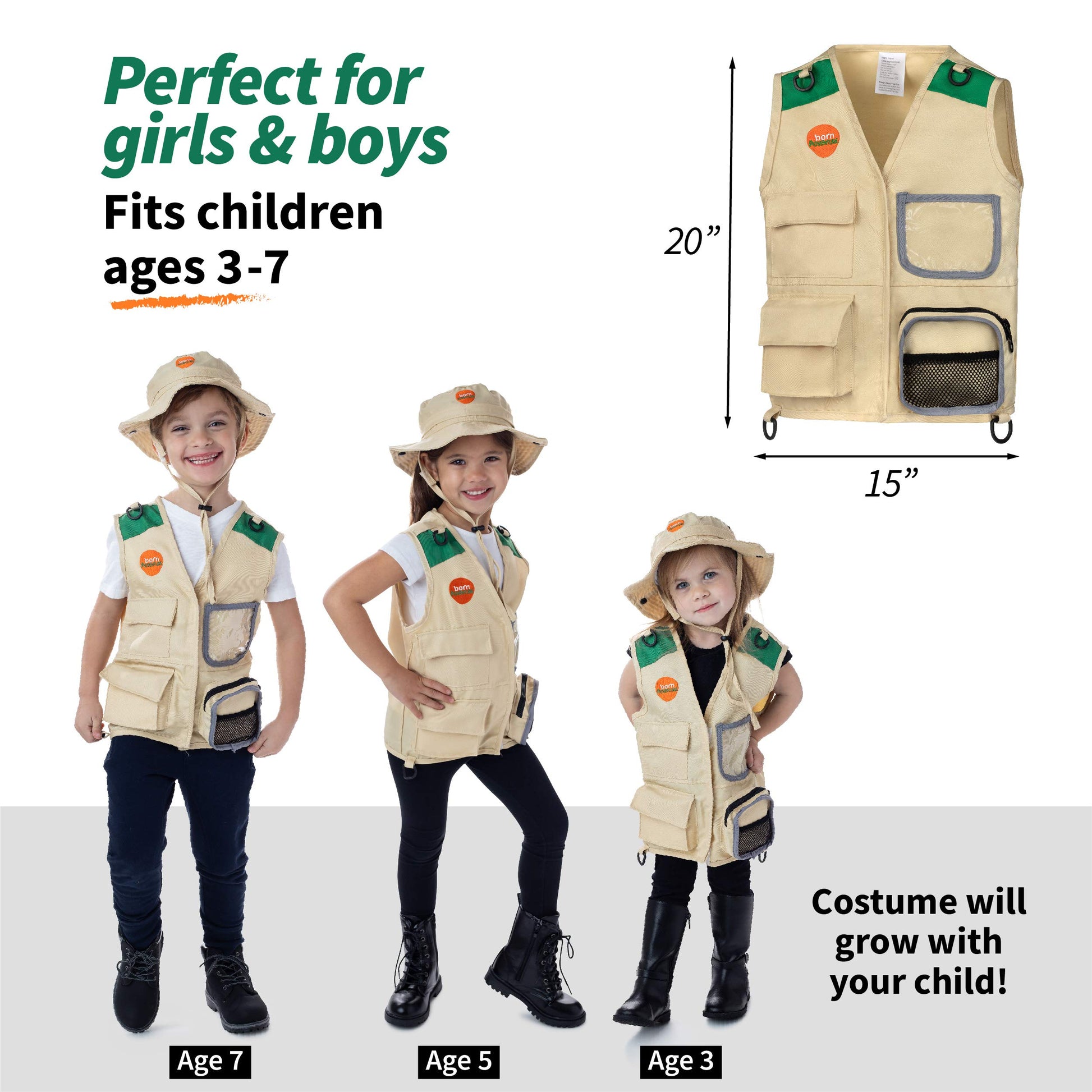 Born Toys Kids Safari Costume Zoo Keeper Dress Up Outfit for Toddler, 3+