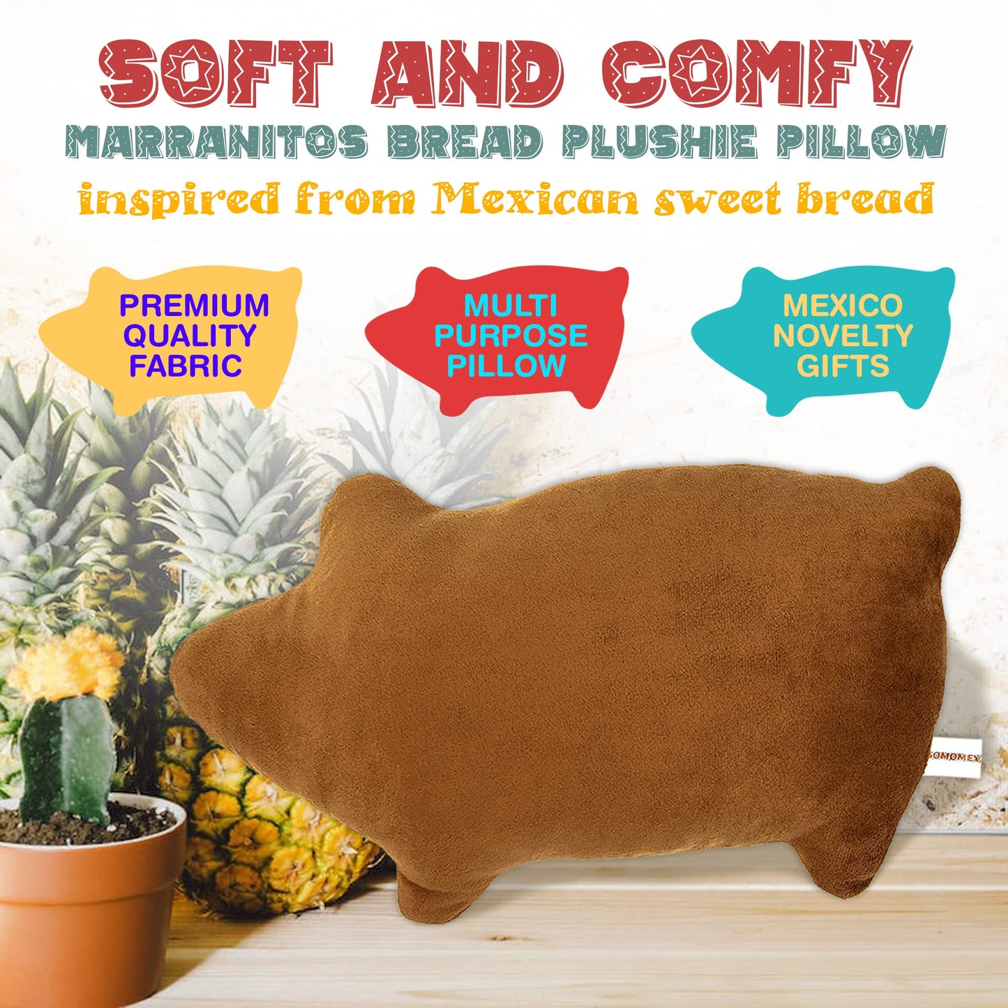 Mexican Sweet Bread Marranito Pillow, Soft Pan Dulce Food Plush, Small