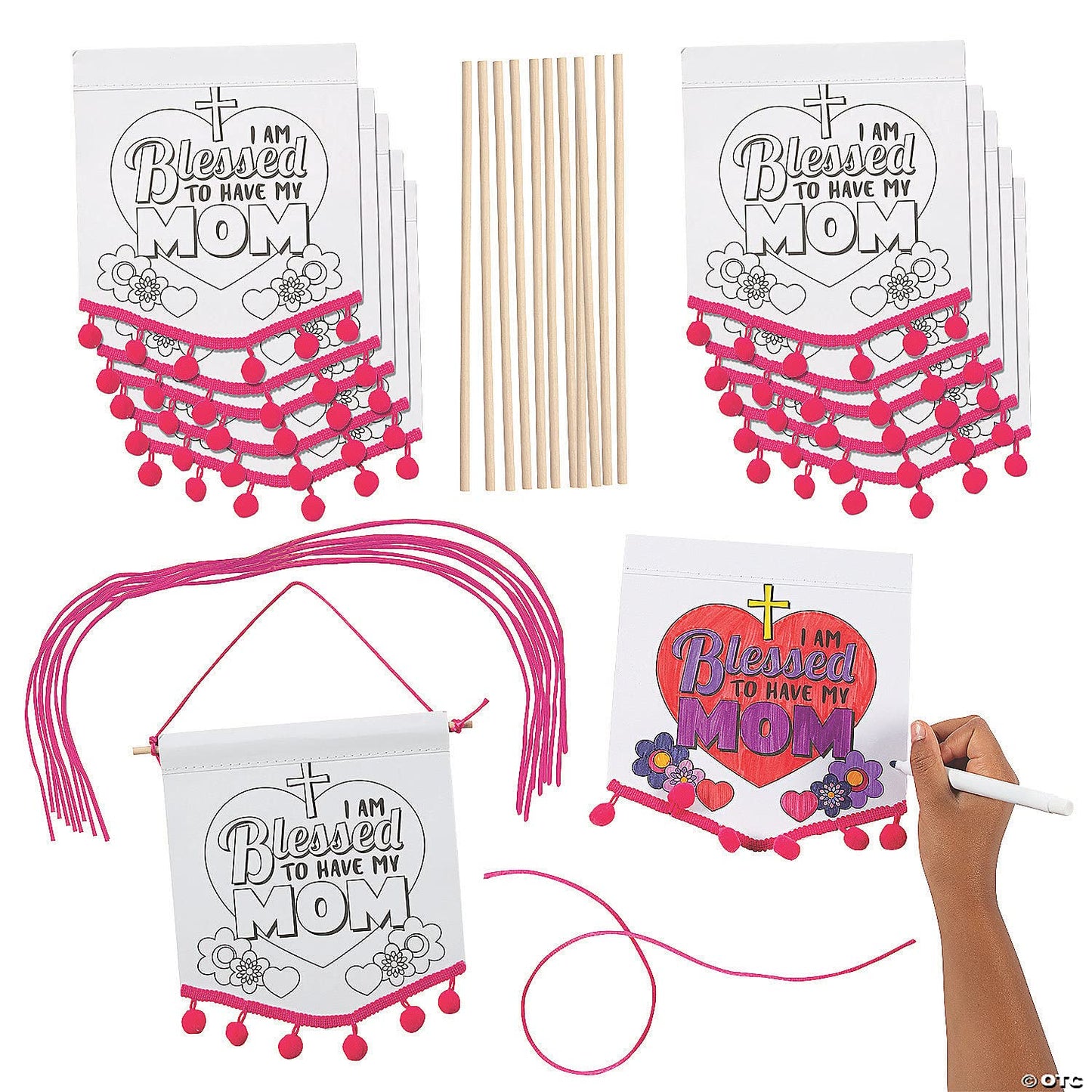Color Your Own Religious Mother’s Day Pom-Pom Banners - Makes 12 - Sunday School and Craft Kits for Kids