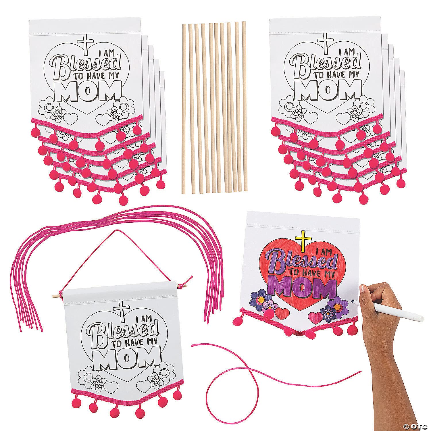Color Your Own Religious Mother’s Day Pom-Pom Banners - Makes 12 - Sunday School and Craft Kits for Kids