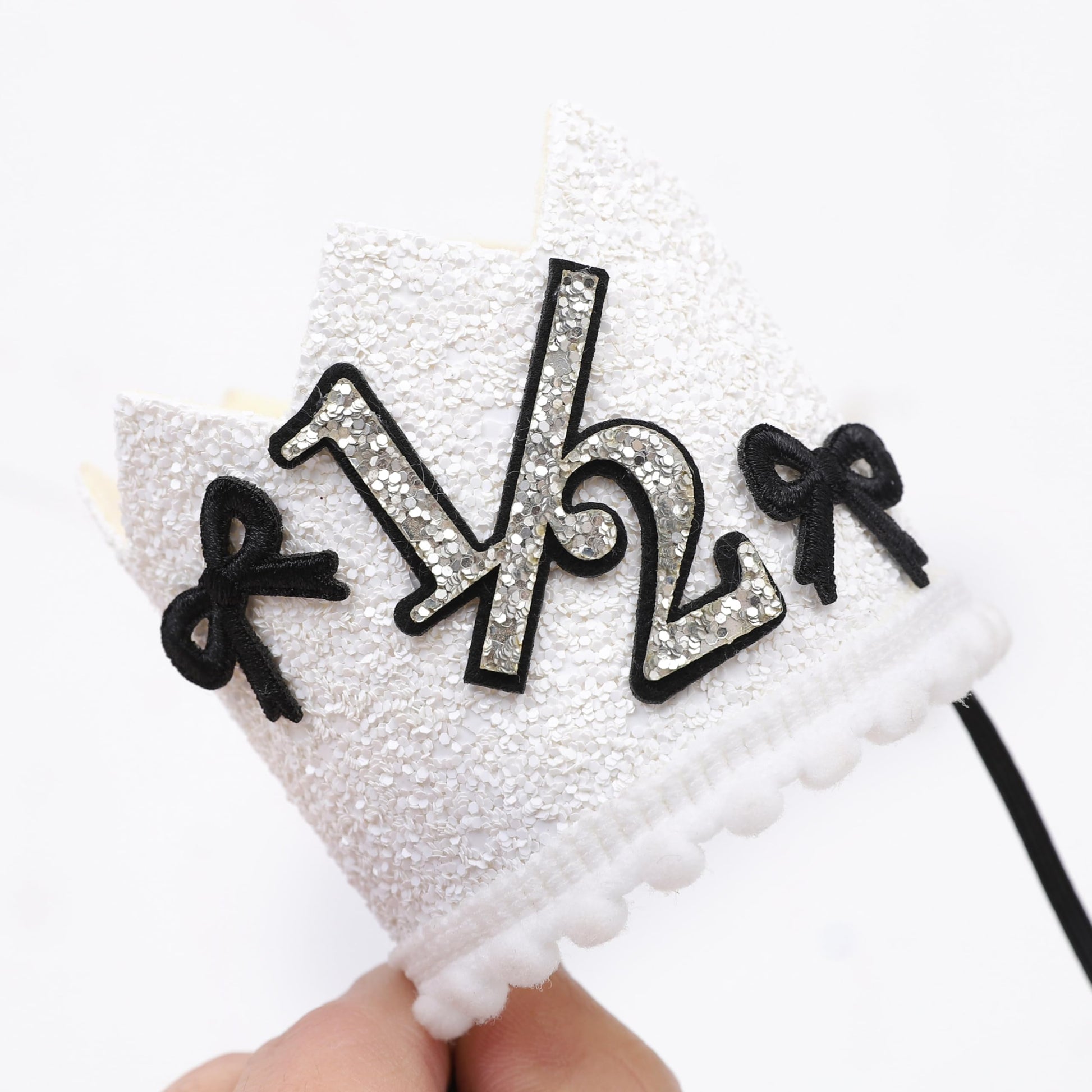 YOUAME Black Bow Half Birthday Crown- Girls Bow Cake Smash Photo Props, Silver And Black Half Way To One Party Crown Decorations, Sweet Mini Hat For 6