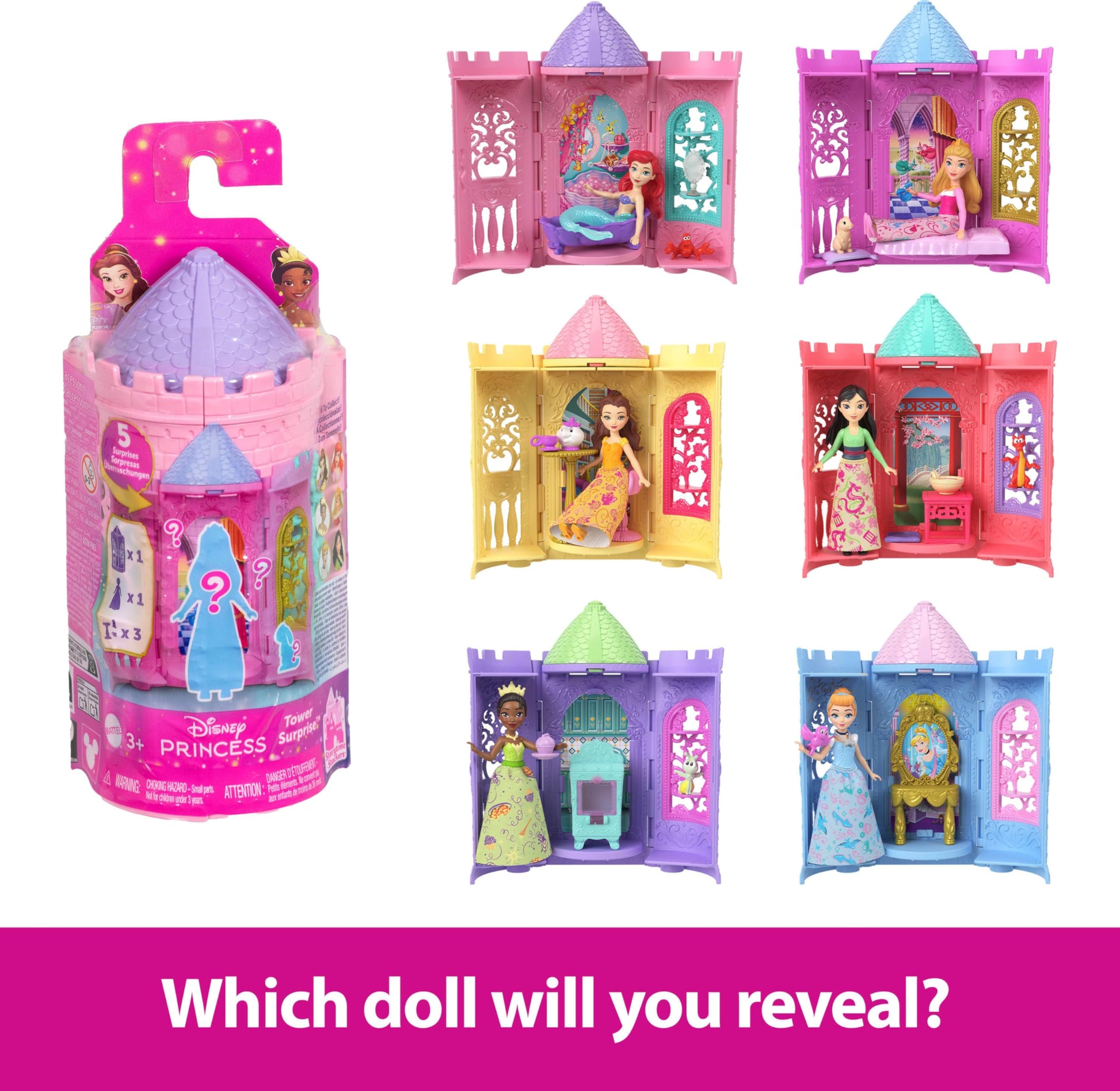 Mattel Disney Princess or Villains Tower Surprise Small Doll & Stacking Playset with 3-4 Accessories, Inspired by Movies (Characters May Vary)