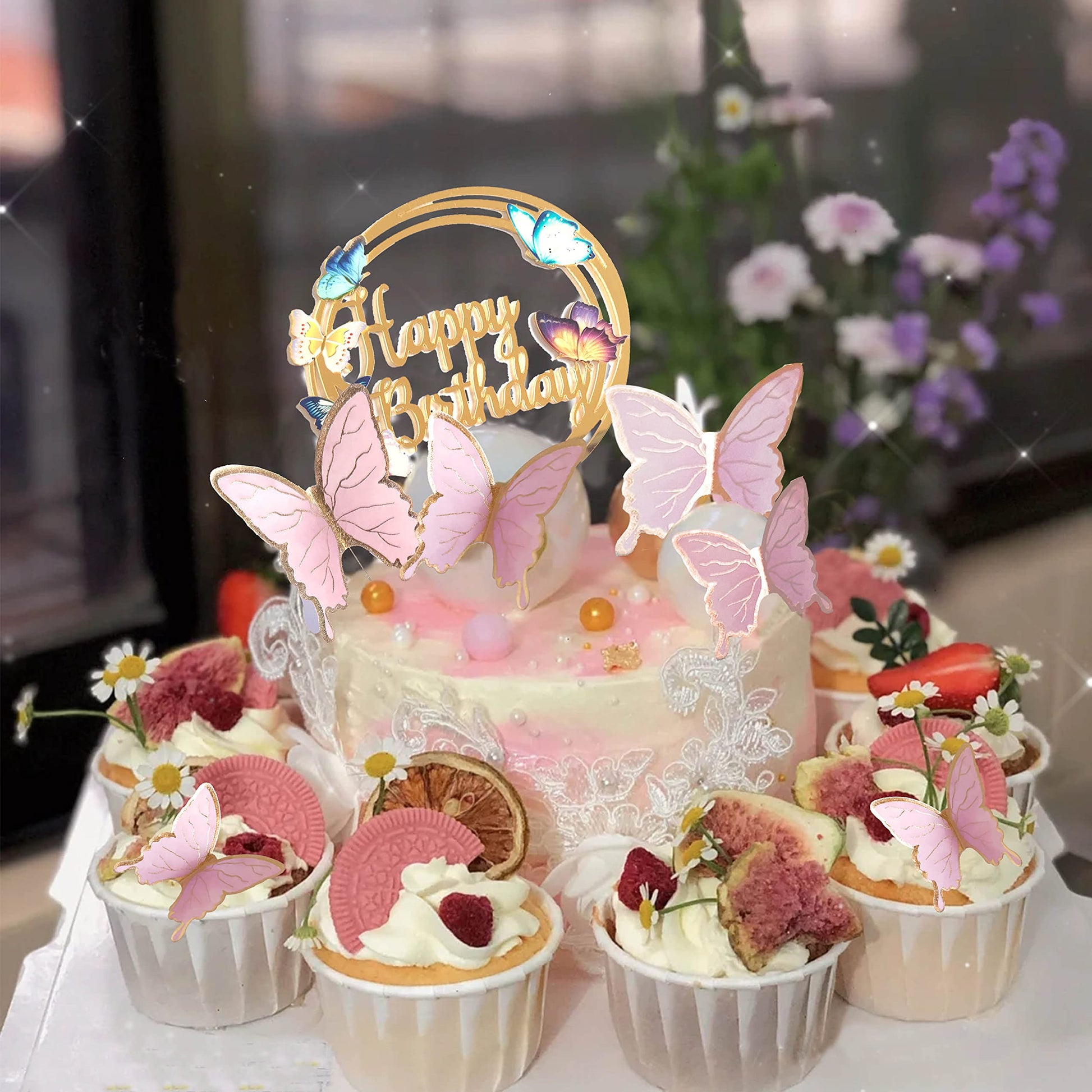 Butterfly Cake Toppers Decorations - 1 Big Happy Birthday Cake Topper & 15Pcs 3D Pink Gold Butterfly Cupcake Toppers - Party Supplies for Decorating