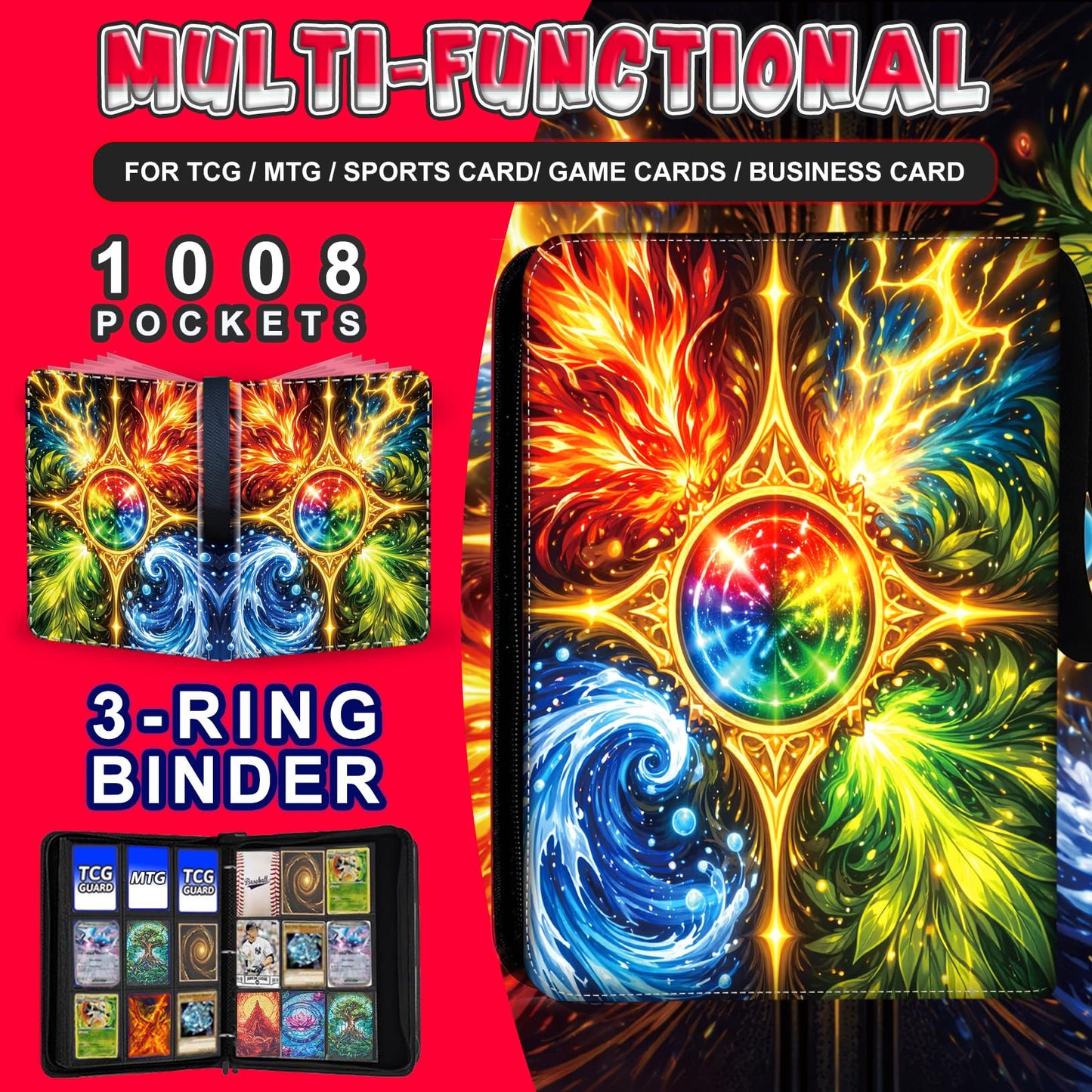 1008 Cards 9 Pocket Trading Card Binder, 3-Ring Trading Card Binder with 56 Page Removable Sleeves, High Storage Waterproof Trading Card Holder