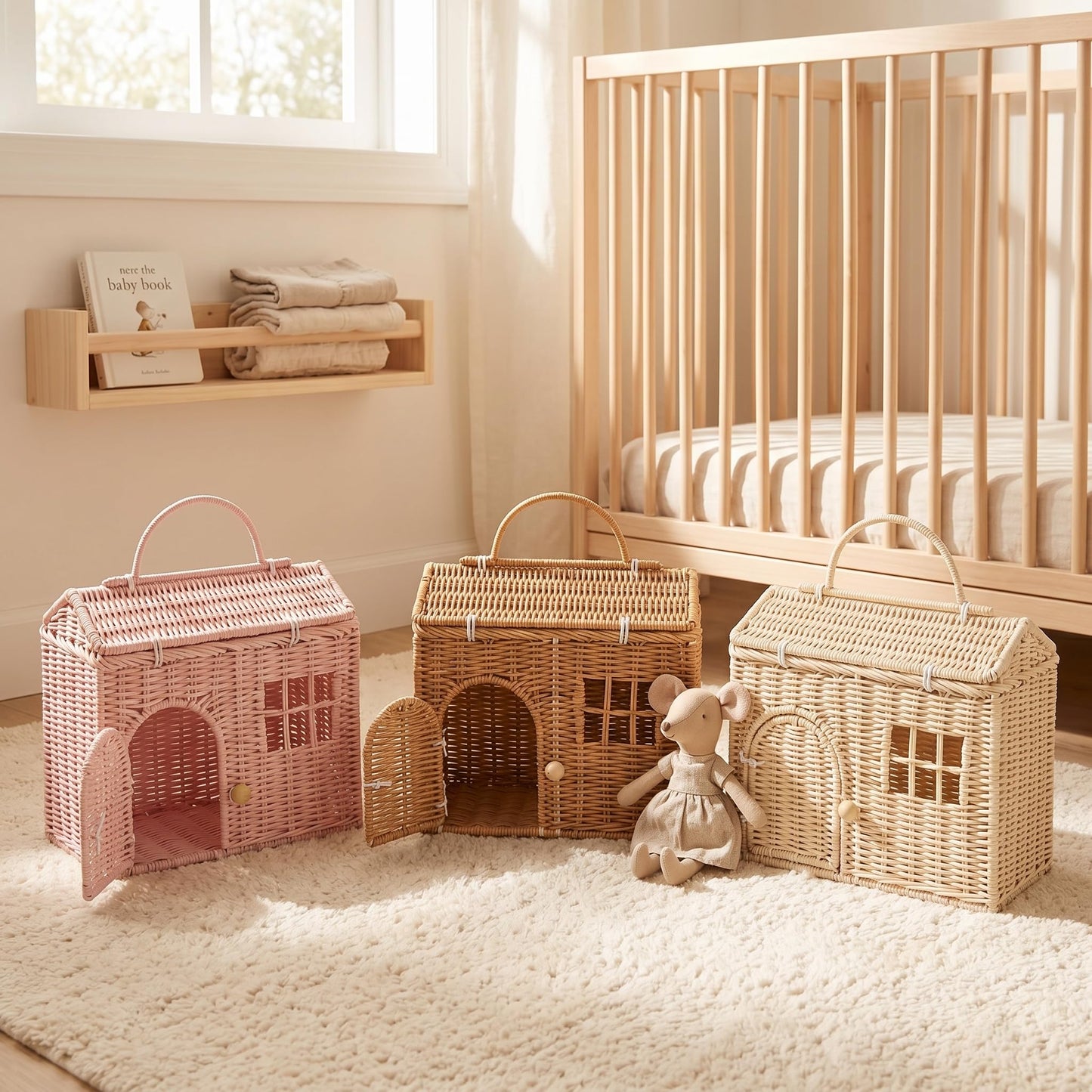 Rool Rattan House Shaped Basket Wicker Small Dollhouse Gift for Girls, Boho Toys, Mouse in a Box House, Little Girl Purse Clutch, Doll Carrier (Cream)