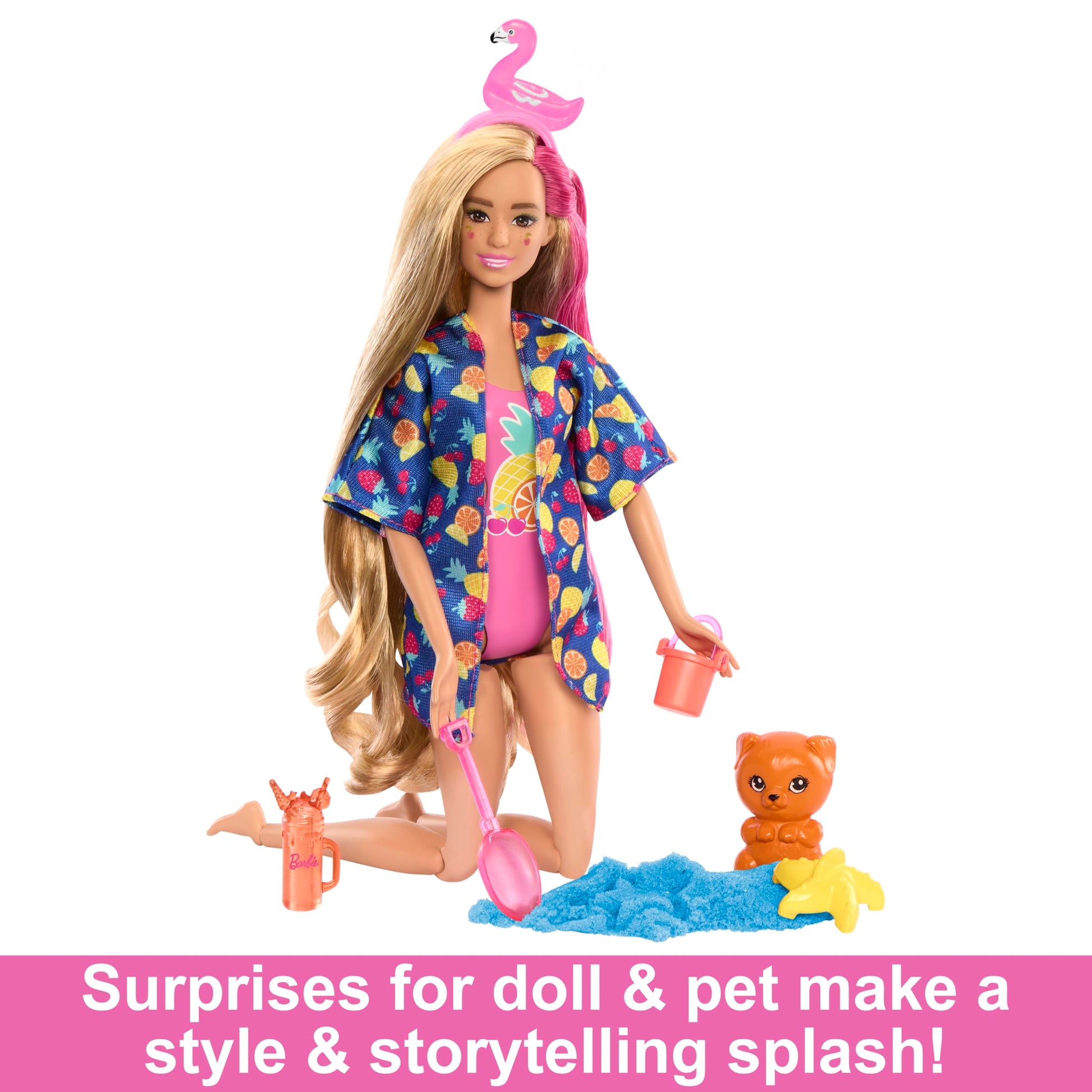 Barbie Pop Reveal Doll & Accessories, Rise & Surprise Fruit Series Gift Set with Scented Doll & Squishy Pet, Color Change, Moldable Sand & More, 15+