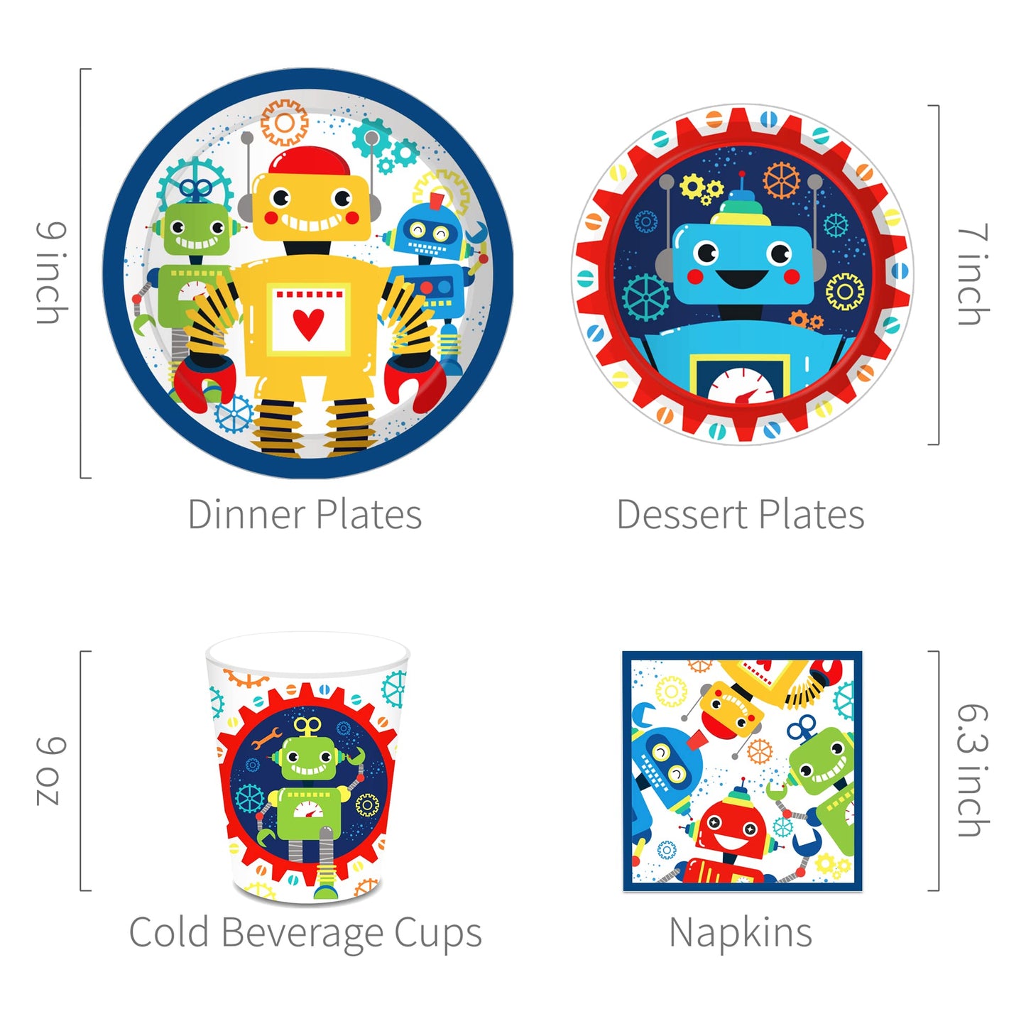 Lide Road 116 Pcs Robot Birthday Party Supplies Kit, Robot Plates, Napkins, Cups, Forks, Knives, Spoons for 16 Guests