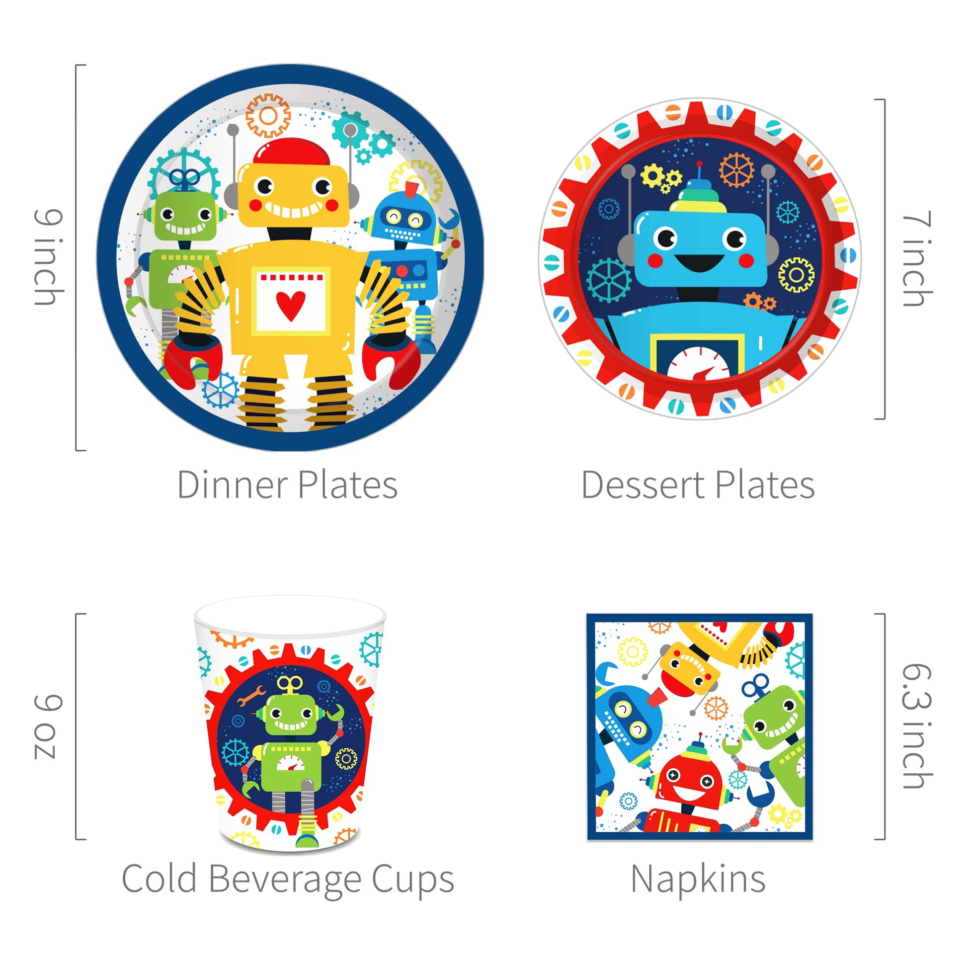 Lide Road 116 Pcs Robot Birthday Party Supplies Kit, Robot Plates, Napkins, Cups, Forks, Knives, Spoons for 16 Guests