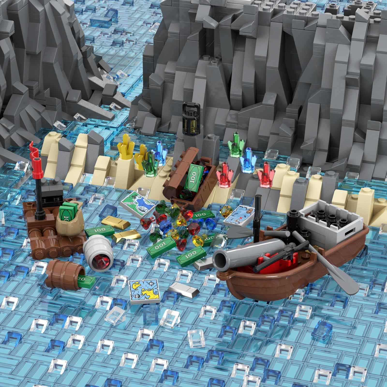 LANMANUO 221 PCS Money Bank Building Block, Pirate Ships Maps Treasure Chest City 100 Dollar Jewel Gems Diamonds Gold Bar Coins Bricks Pieces