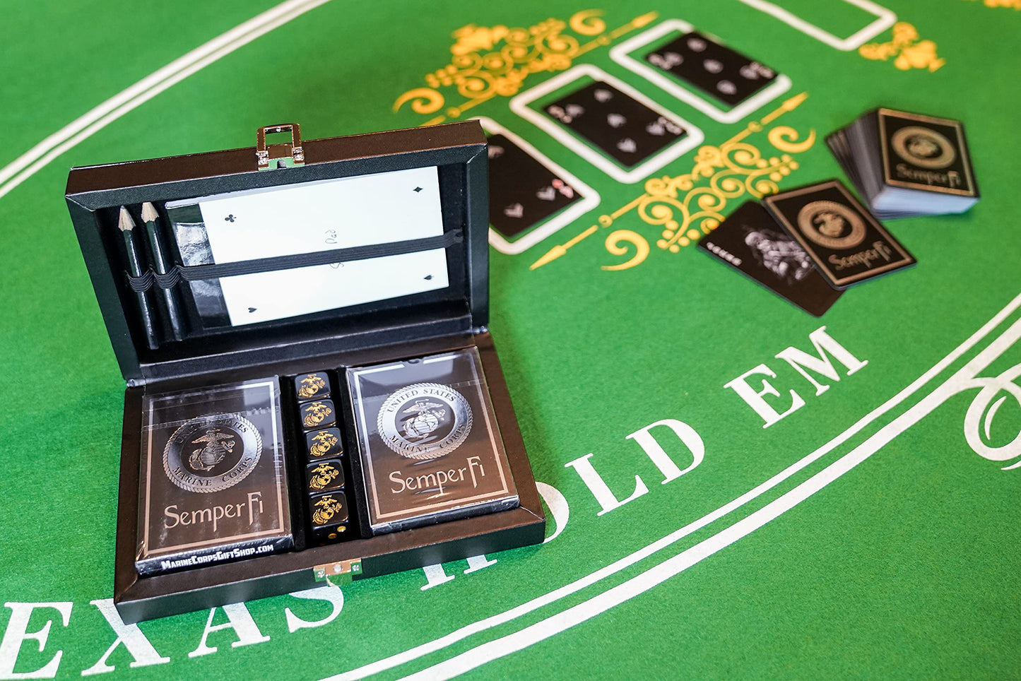 Military Gift Shop Marine Corps Playing Cards and Dice Set - Black Leather Keepsake Box, Playing Cards with USMC Rank Insignia, EGA Dice | USMC B&S