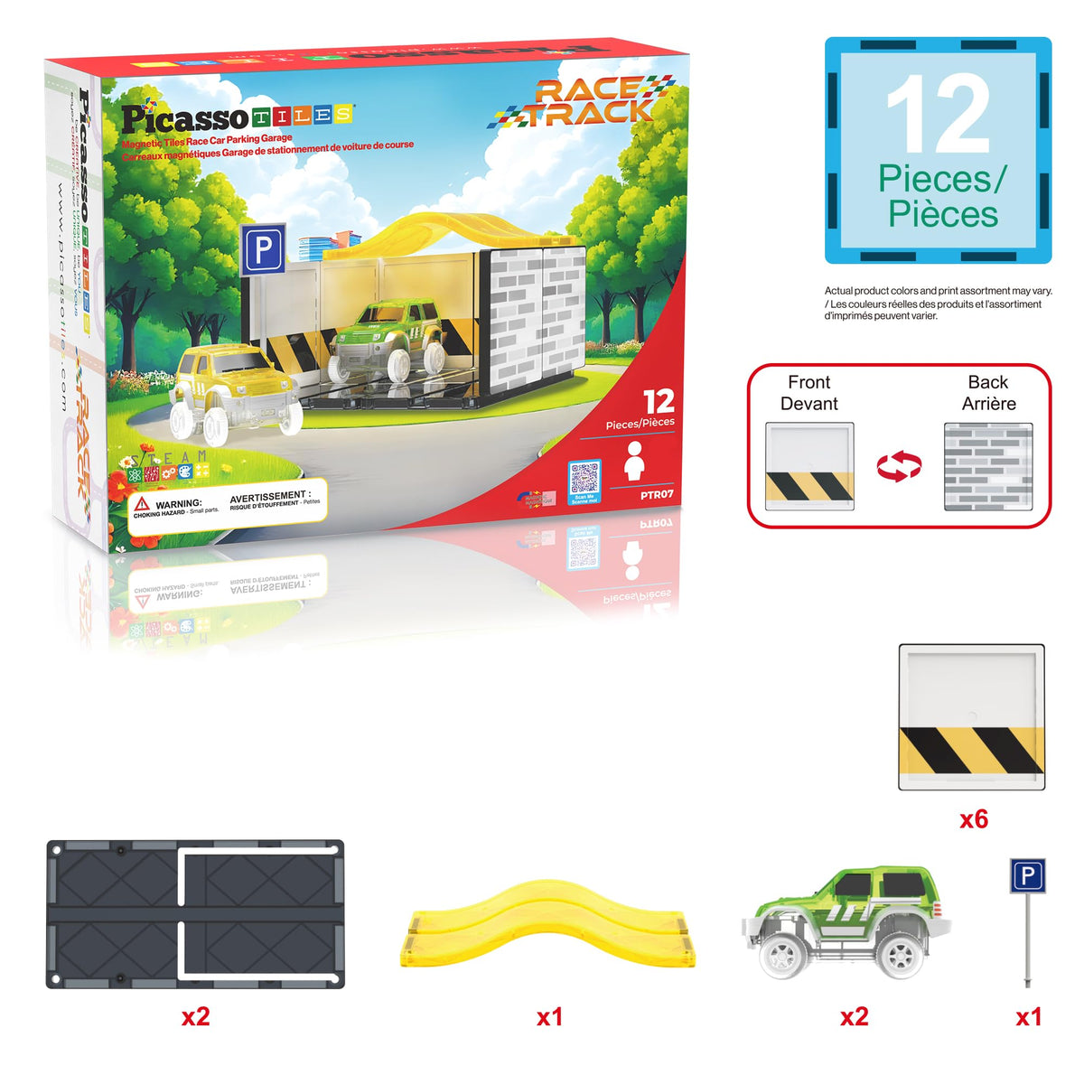PicassoTiles Magnetic Tiles Race Car Track Kit Parking Garage Expansion Pack with 2 Cars Magnet Tile Building Blocks Educational Toy Learning Kit