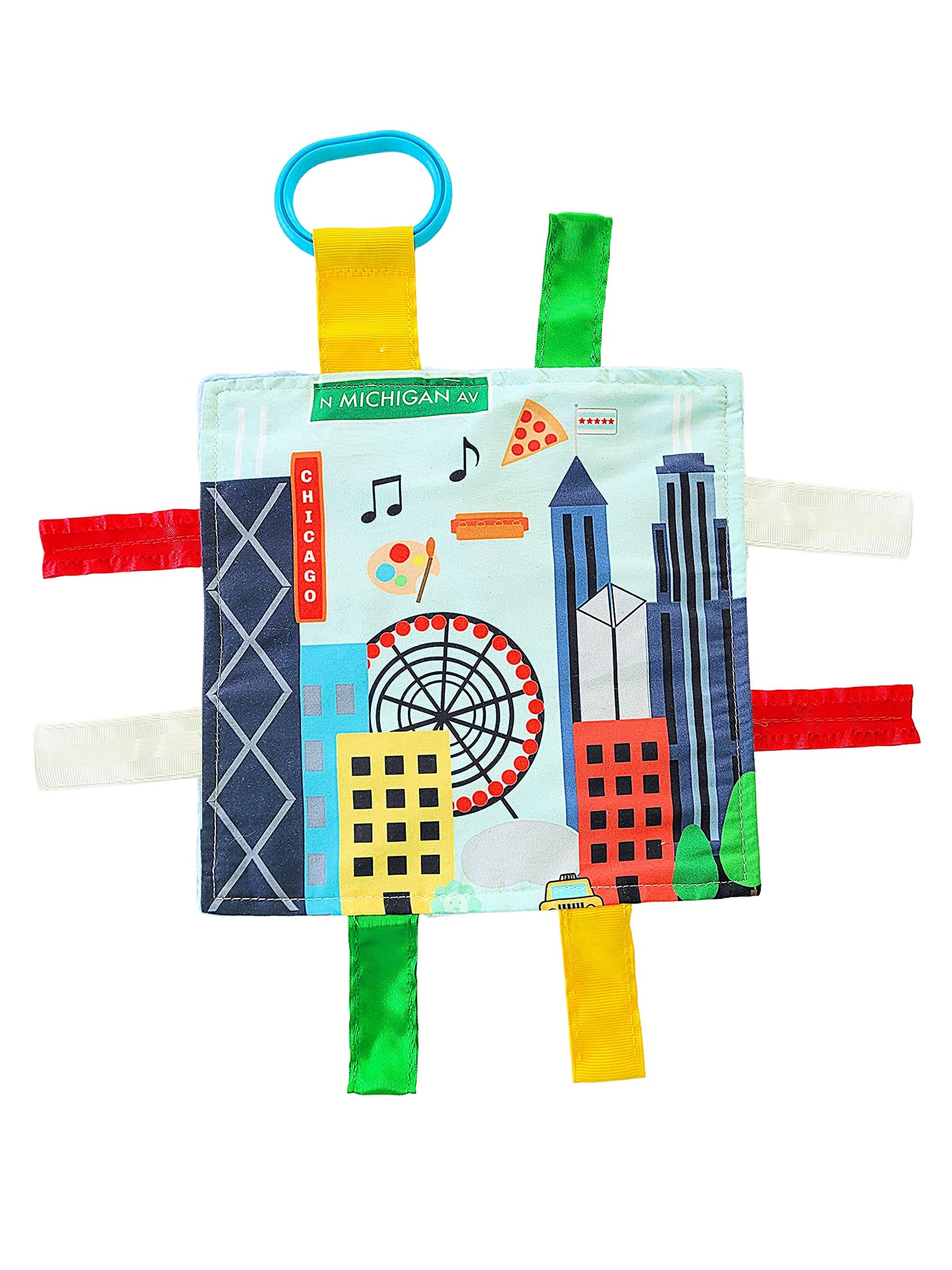Baby Jack & Co 8x8” Learning Lovey Chicago Illinois Tag Toys for Babies - Baby Crinkle Toys - Soft & Safe - Learn USA Cities and Shapes - Ideal Baby