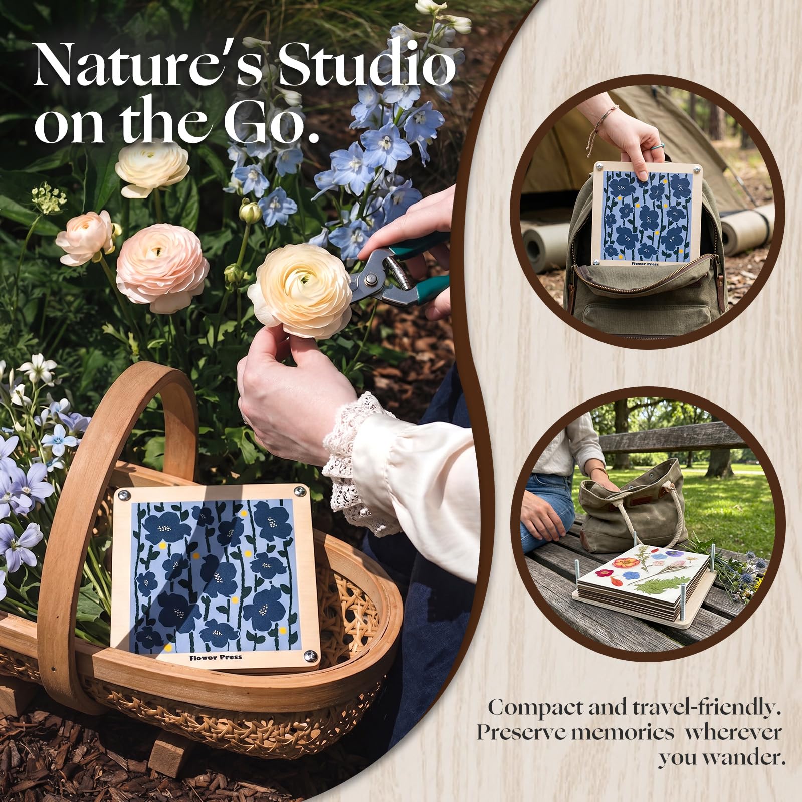 Fuwuu Flower Press Kit 7.1" - Medium Wooden Plant Pressing Book for DIY Art, Blue Camellia Design 6-Layer Leaf Flower Preservation Kit for Adults