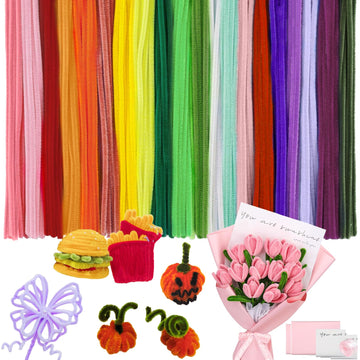 Pipe Cleaner Craft Kit for DIY Flower Animal,200 Pcs Multi-Color Chenille Stems Flower Craft Kits for Creative Arts with 2 Floral Papers,1 Meter