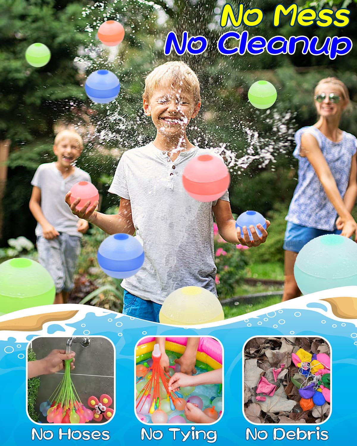 Reusable Water Balloons, Quick Fill Self-Sealing Water Bomb Balloons, Refillable Silicone Water Splash Ball with Mesh Bag for Kids Summer