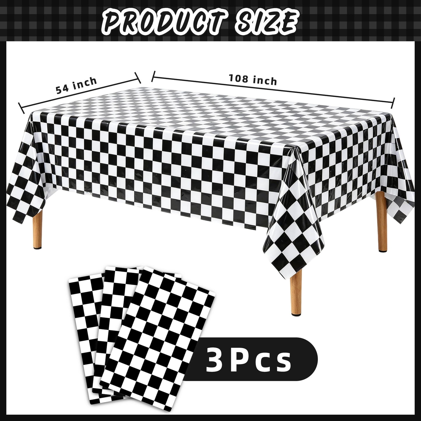PPXMEEUDC 3 Pack Black White Checkered Tablecloth, 54 x 108 Inch Waterproof Disposable Plastic Rectangular Table Covers for Race Car, Poker, Chess