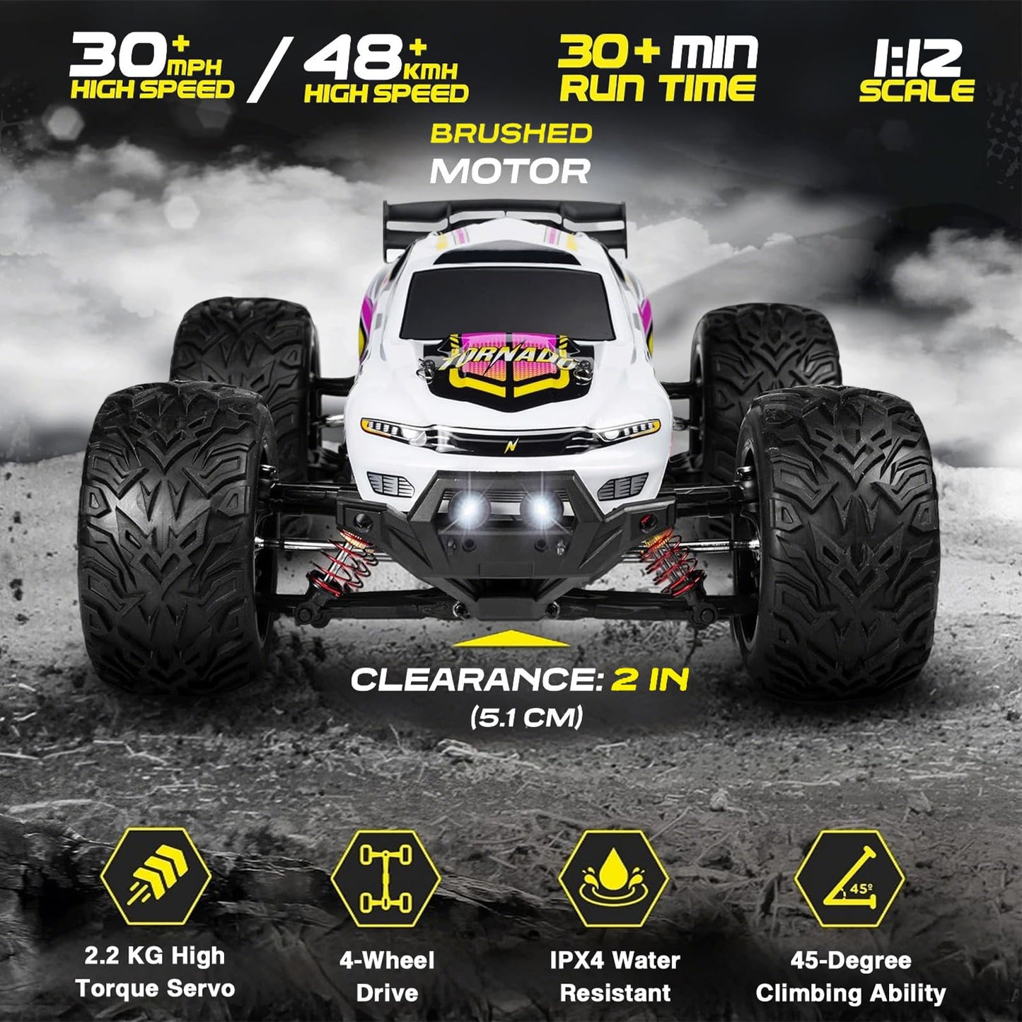Verahaus 4x4 RC Cars for Adults 48kmh High-Speed - 1:12 Scale Large Waterproof Remote Control Truck, Offroad Electric Monster Car, 2 Batteries 30+ Min