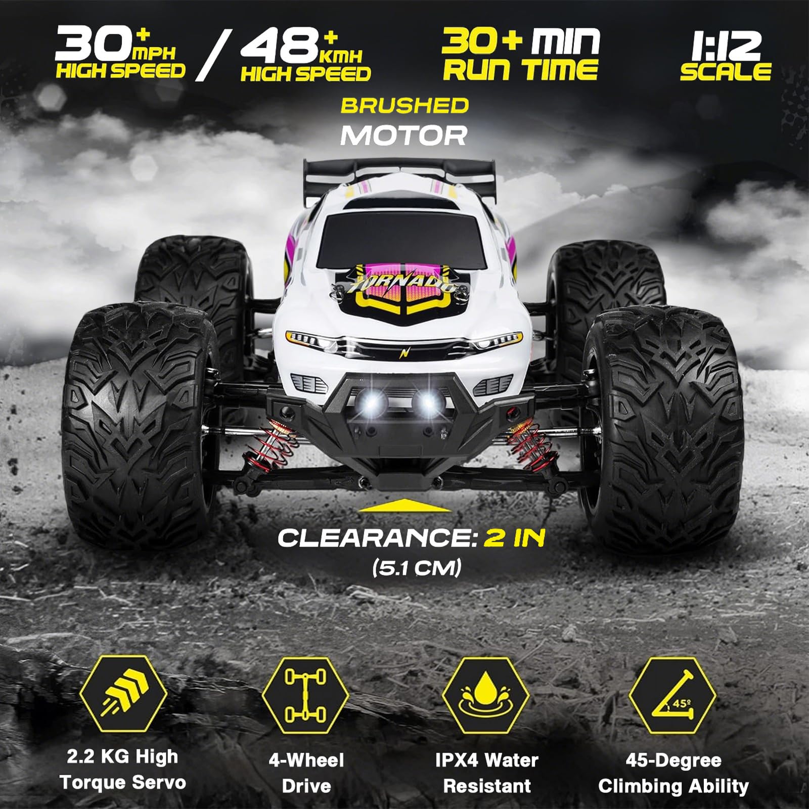 Verahaus 4x4 RC Cars for Adults 48kmh High-Speed - 1:12 Scale Large Waterproof Remote Control Truck, Offroad Electric Monster Car, 2 Batteries 30+ Min