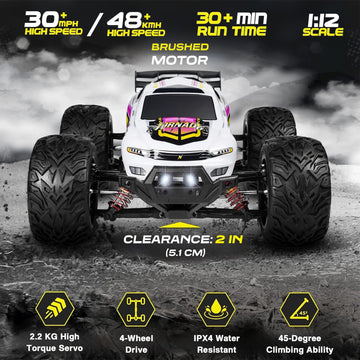 Verahaus 4x4 RC Cars for Adults 48kmh High-Speed - 1:12 Scale Large Waterproof Remote Control Truck, Offroad Electric Monster Car, 2 Batteries 30+ Min