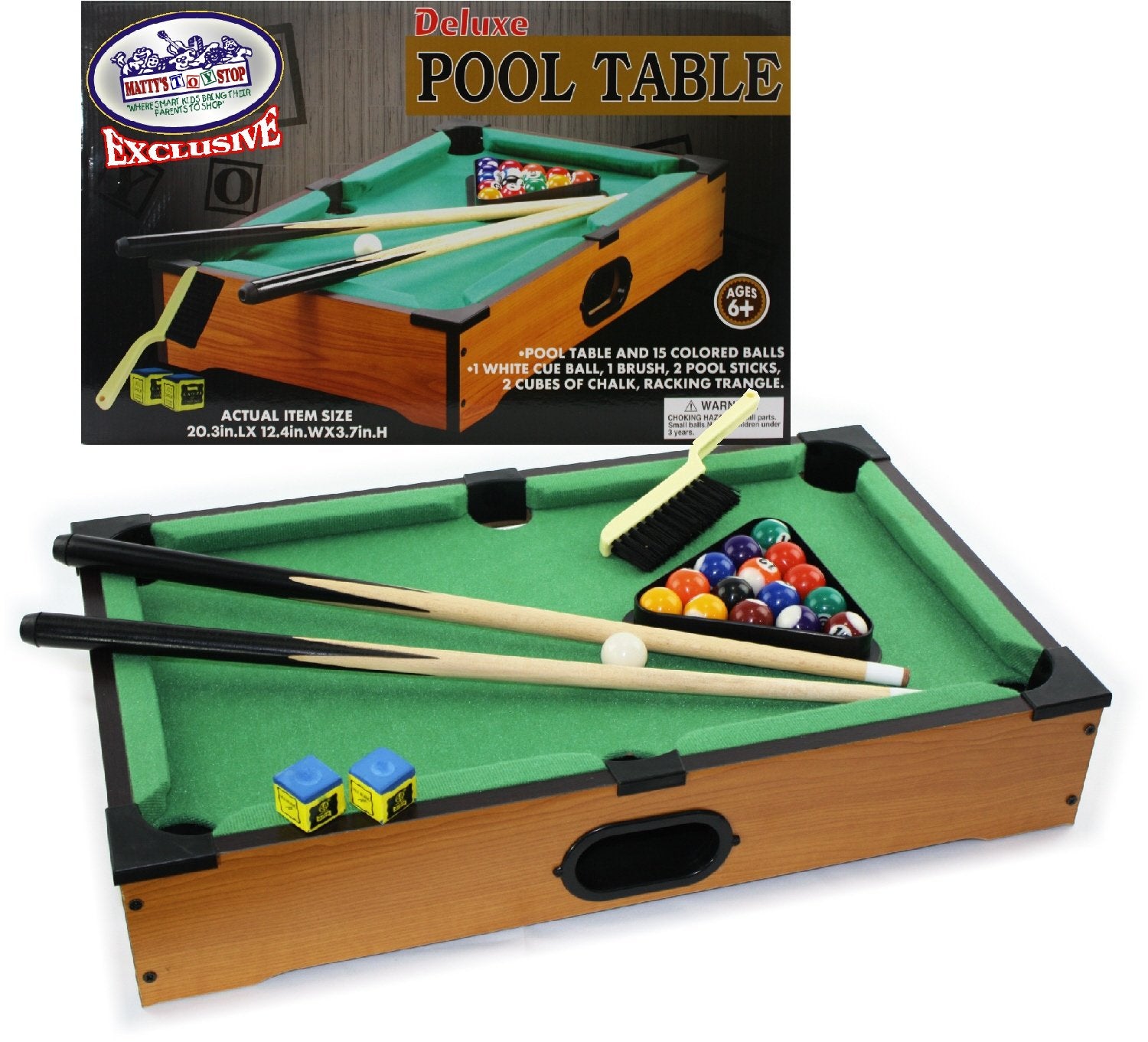 Matty's Toy Stop Deluxe 20" Wooden Table Top Pool (Billiards) Table with 15 Colored Balls, 1 Cue Ball, 1 Brush, 2 Pool Sticks, 2 Cubes of Chalk