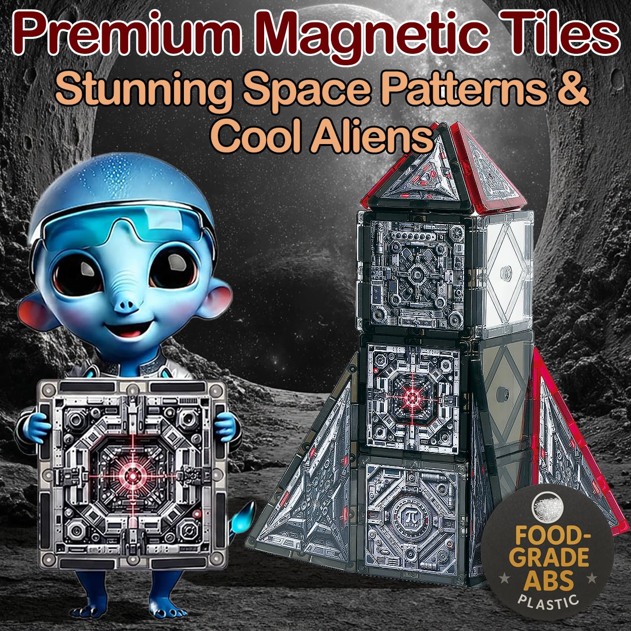 Little Pi Space Battleship Magnetic Tiles | Magnetic Blocks for Star Inspired Galactic Building | STEM Toys for Kids Age 3 4 5 6 7 8