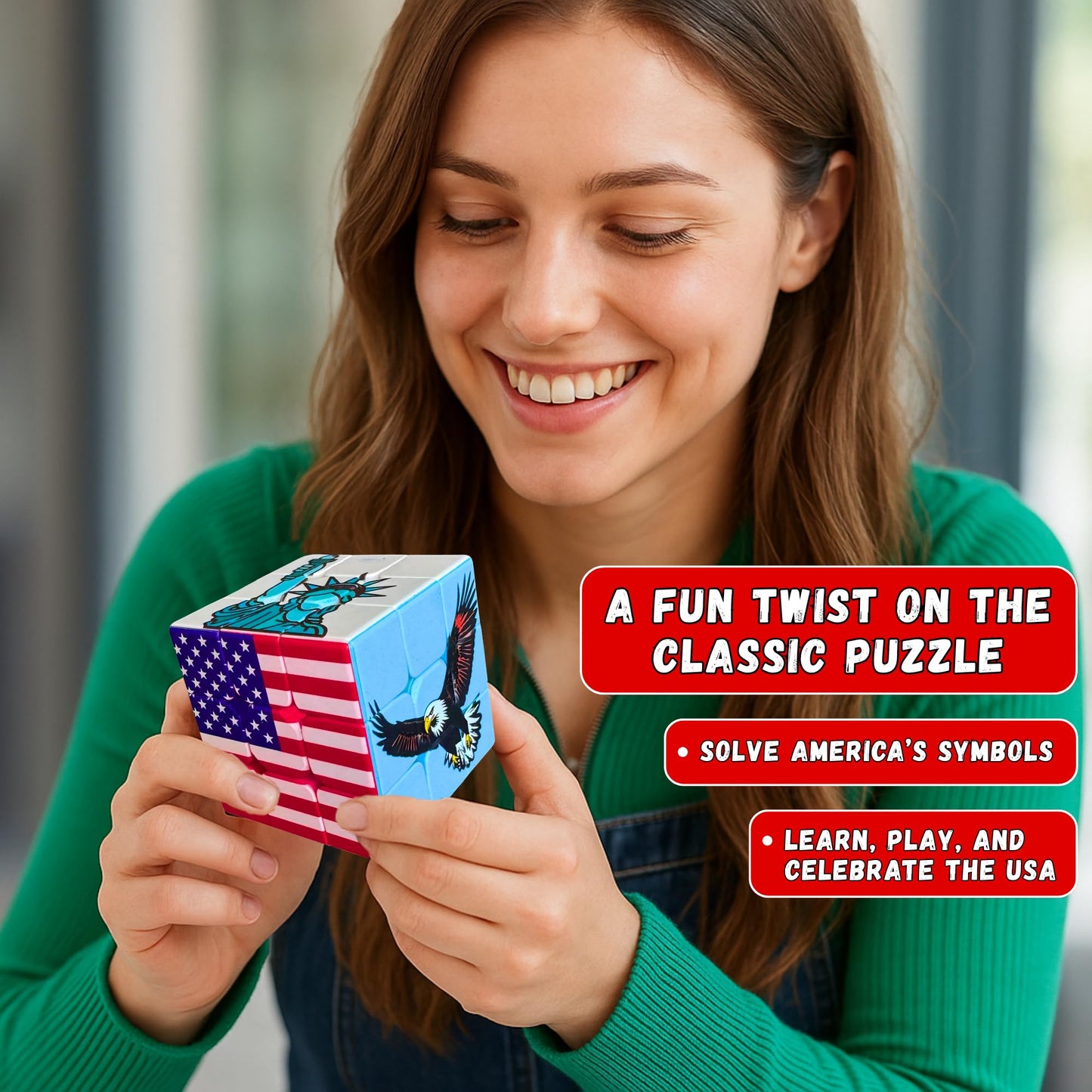 USA 3x3 Speed Cube Puzzle - American-Themed US Patriotic Brain Teaser Toy - Independence Day Decor American Flag, Collectible Souvenir Gift