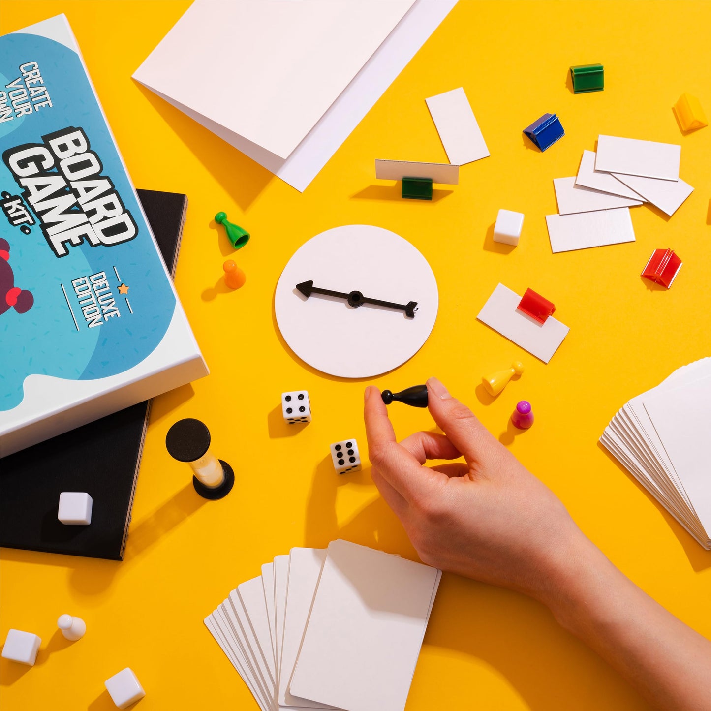 Create Your Own Board Game Set - DIY Kit with Blank Game Board, Game Pieces, Blank Cards, Dice, Spinner, Rulebook, Sand Timer - Build Your Own Game