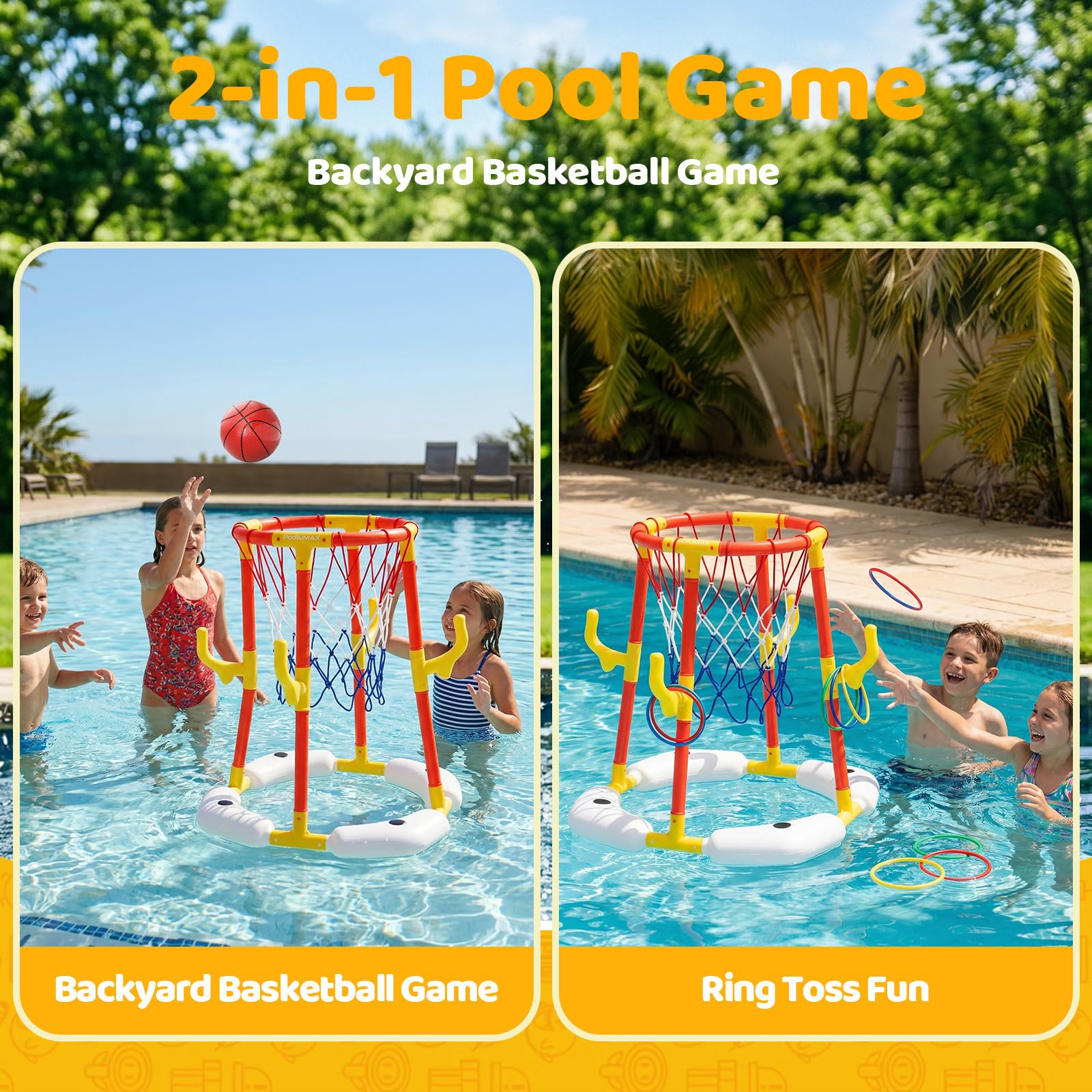 PodiuMax 2-in-1 Pool Basketball Hoop & Ring Toss Toys for Kids 4 5 6 7 8 9