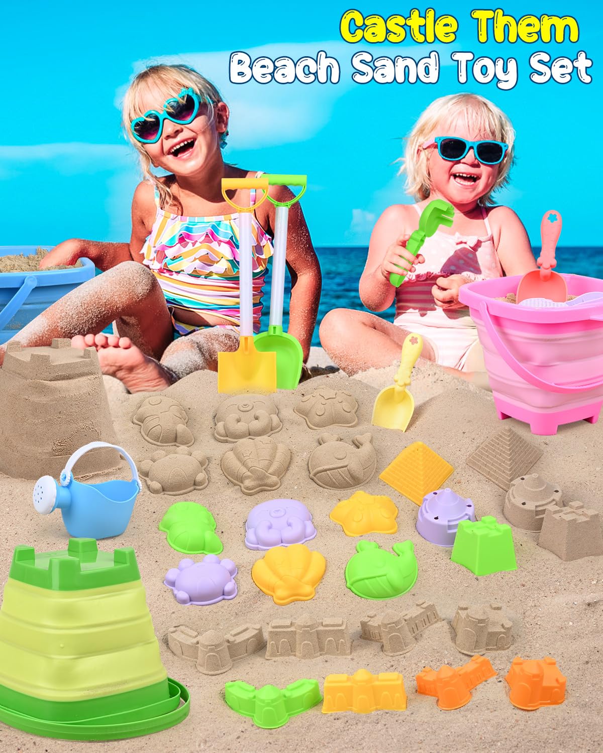 Collapsible Beach Sand Toys for Kids Toddlers with Sand Bucket, Marine Animal Molds, Castle Building Molds, Shovels, Storage Mesh Bag, Travel Sand