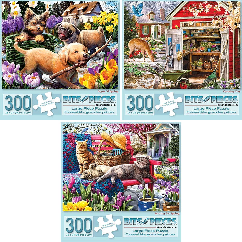 Bits and Pieces - Value Set of Three (3) - 300 Piece Jigsaw Puzzles for Adults - Spring Collection Large Piece Jigsaws by Artist Larry Jones - 18” x