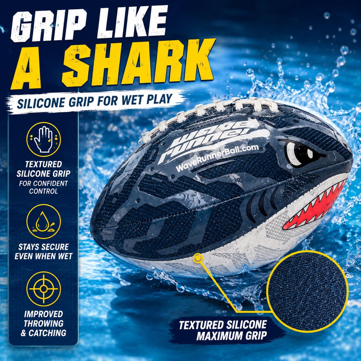 Wave Runner Grip It Shark Football, Waterproof Pool & Beach Football with Silicone Grip, 9.25 Inch Kids Football for Swimming Pool, Beach, Lake