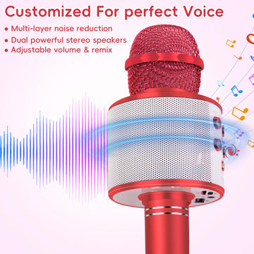 Wireless Bluetooth Karaoke Microphone for Kids, 5-in-1 Portable Handheld Karaoke Mic Speaker Player Recorder with Adjustable Remix FM Radio for Kids