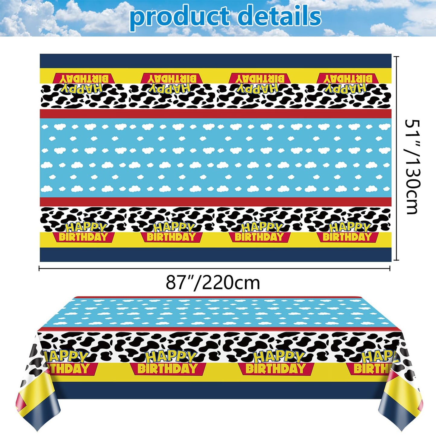 QUERICKY 4 Pack Story Tablecloths, 51x87'' Cow Pattern Table Cover, Story Theme Happy Birthday Decorations for Boy Girl Kids Birthday Party Supplies