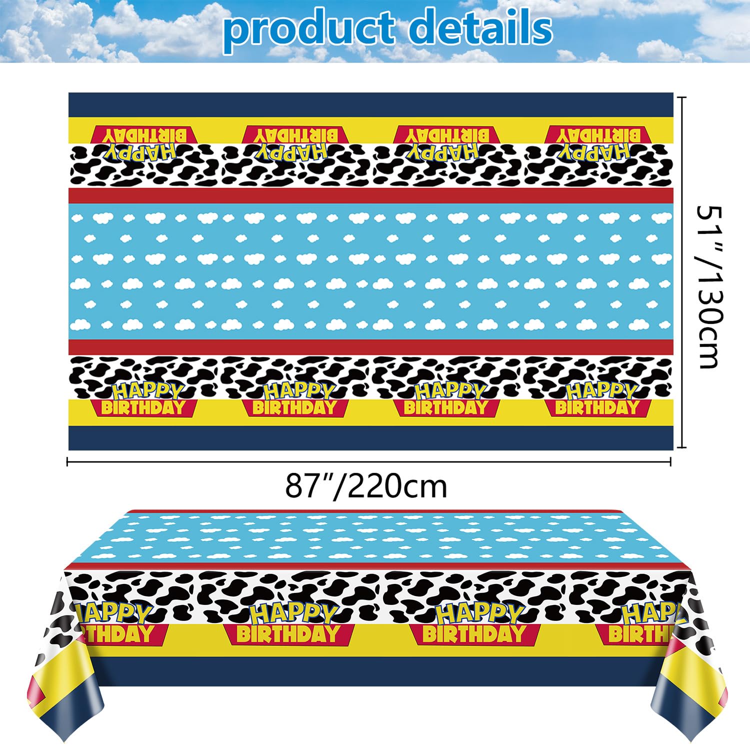 QUERICKY 4 Pack Story Tablecloths, 51x87'' Cow Pattern Table Cover, Story Theme Happy Birthday Decorations for Boy Girl Kids Birthday Party Supplies