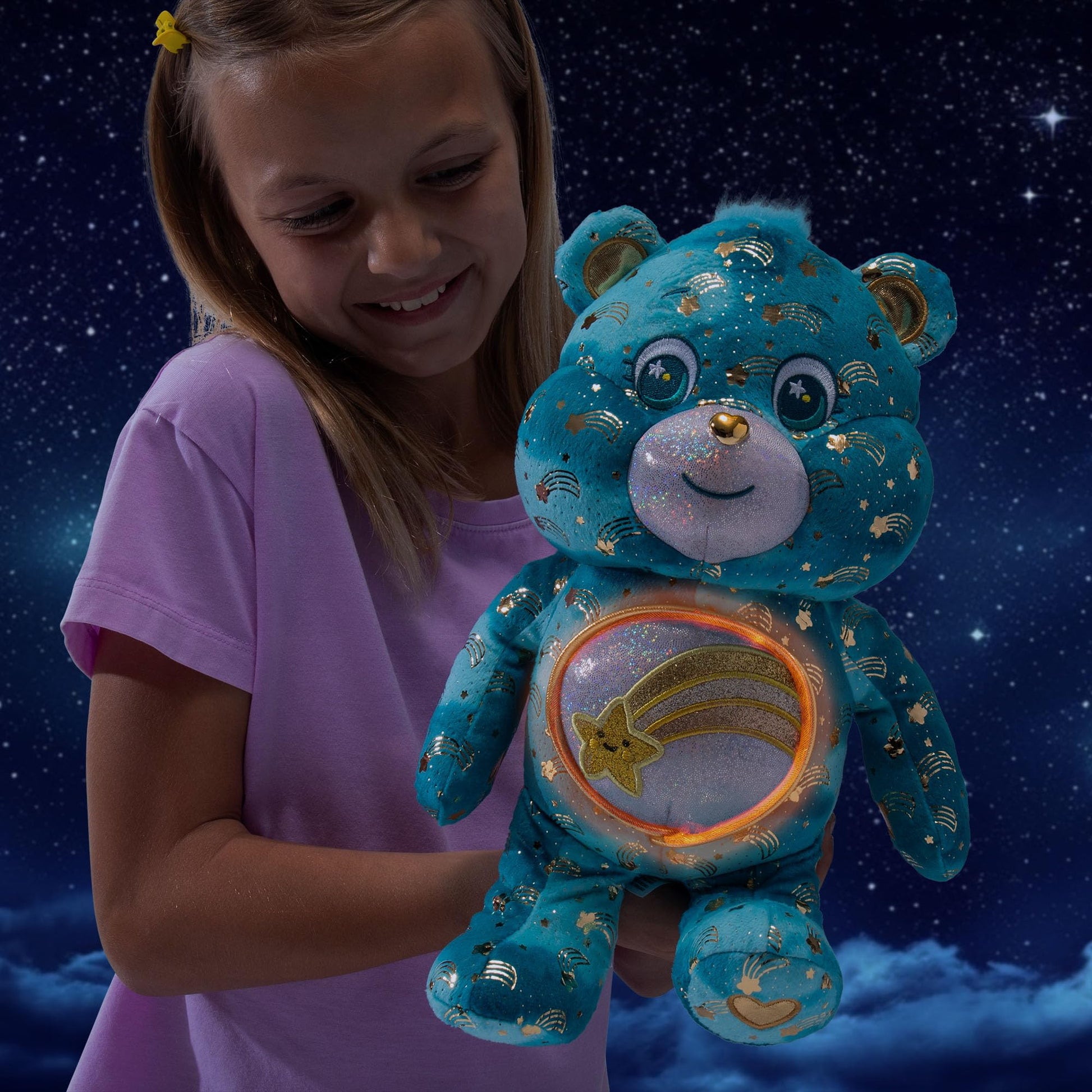Basic Fun Care Bears 35 cm Luminous Belly Plush - Wish Bear - Soft Environmentally Friendly Toy with Illuminated Belly Badge - Comfortable Collectable