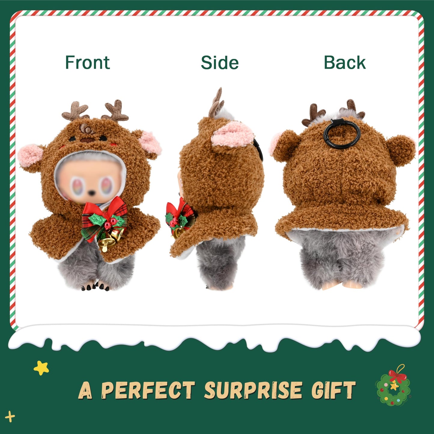 Evowatt Reindeer Cloak Clothes for Labubu Dolls - 17 cm Christmas Cape Outfit with Festive Accessories, Cute Holiday Costume for Labubu Figures (No