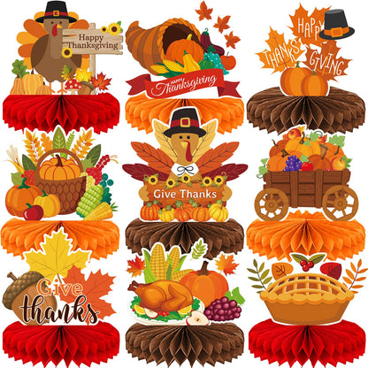 9 Pieces Thanksgiving Honeycomb Centerpieces Table Decor, Turkey Pumpkin Cornucopia Harvest Fall Party Table Topper Ornaments Signs, Fun Autumn