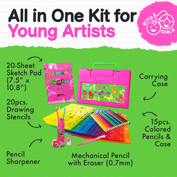 Mimtom Drawing Stencil Kit for Kids, 60 PC Art Set with 370+ Shapes, Sketch Pad, and Colored Pencils for DIY Arts and Crafts for Boys and Girls, Draw