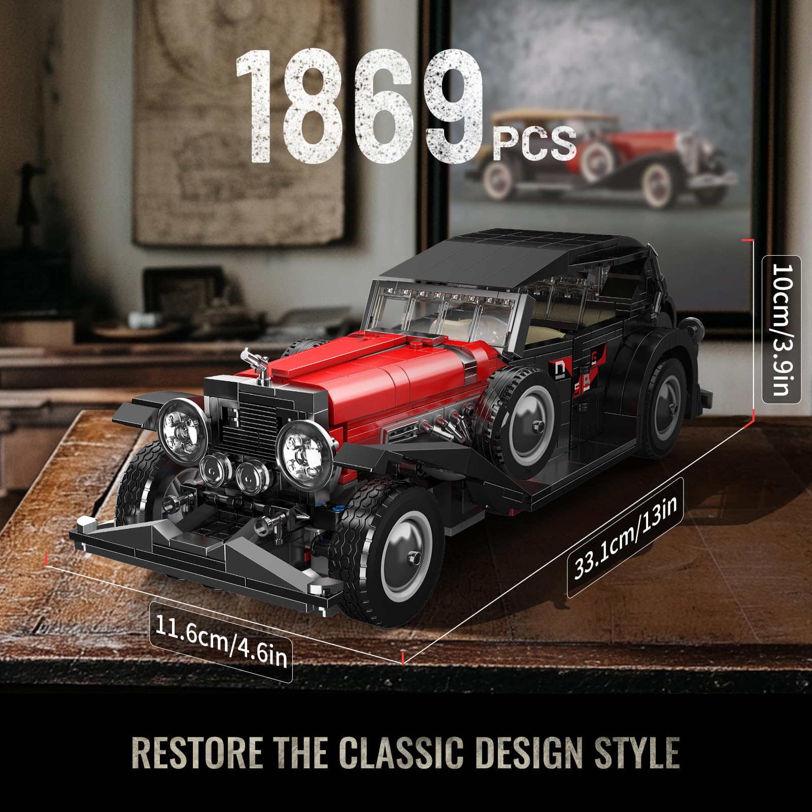 Mould King 10114 Classic Car Building Blocks Model, 1308 Pieces Vintage Car Model Toy, Creative Idea Vehicle Collectible for Adult
