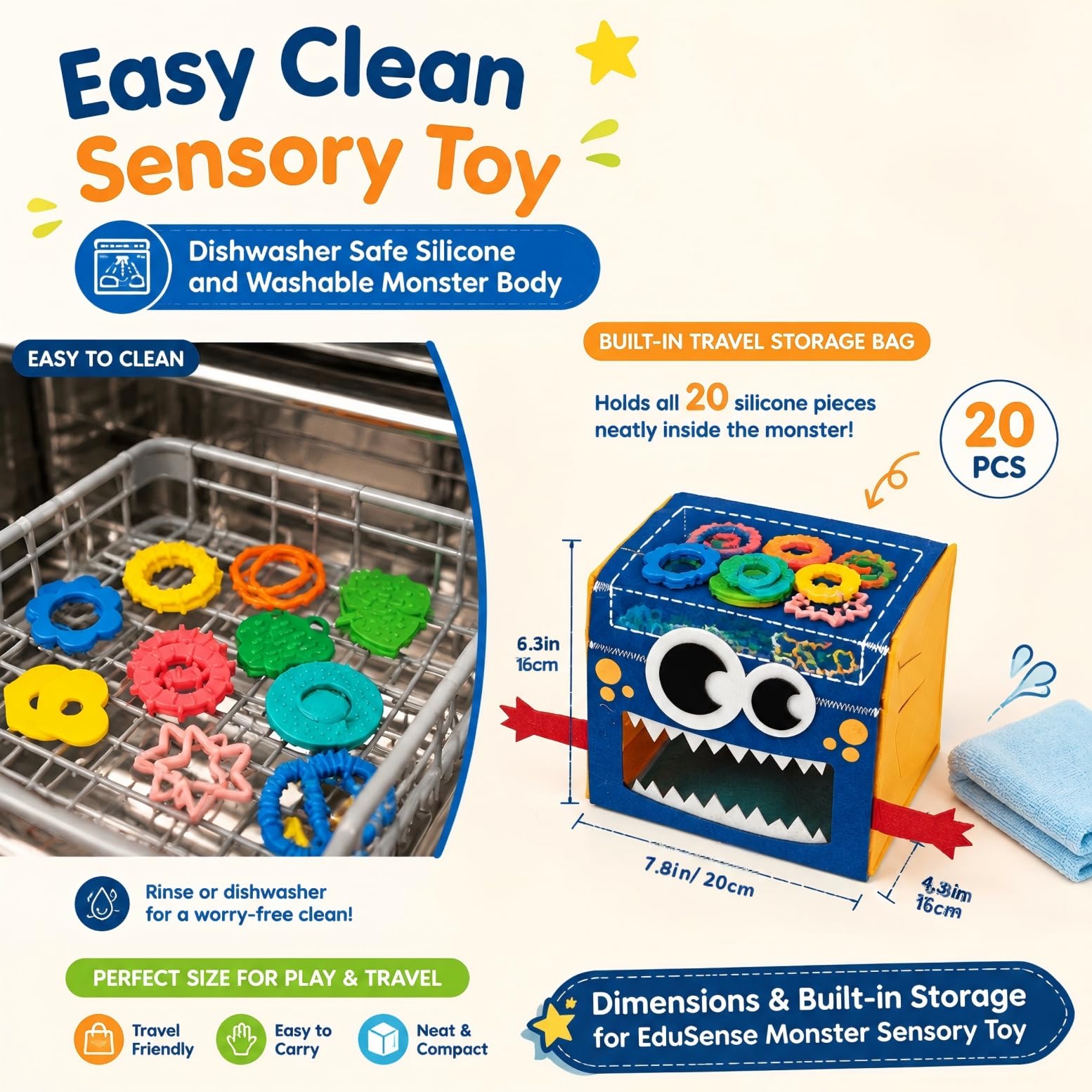 edusense Monster Feed Me Sensory Shape Sorter - 20 Washable Silicone Shapes | Fine Motor Feeding Toy for Toddlers 3+ | Occupational Therapist Designed