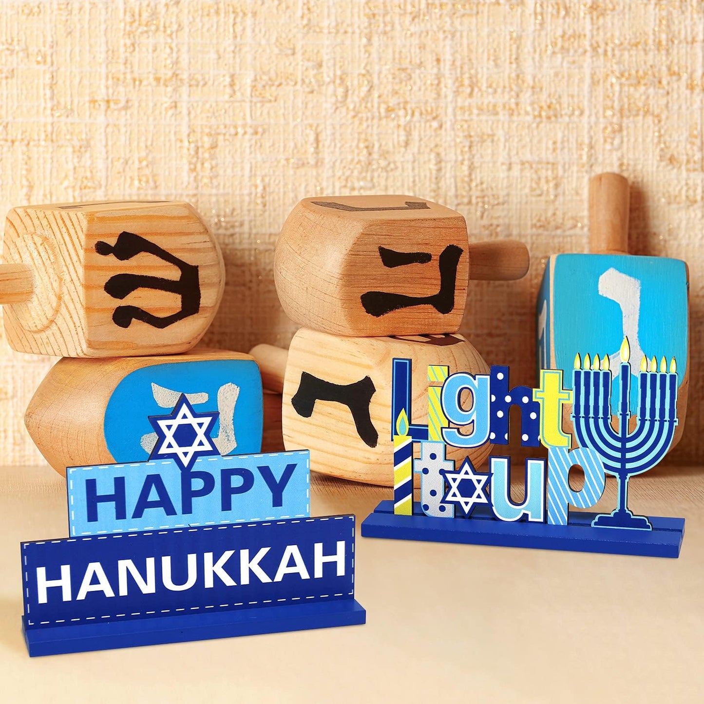 4 Pieces Hanukkah Party Decorations Wooden Chanukah Party Supplies Hanukkah Centerpieces Table Decorations for Home Holiday