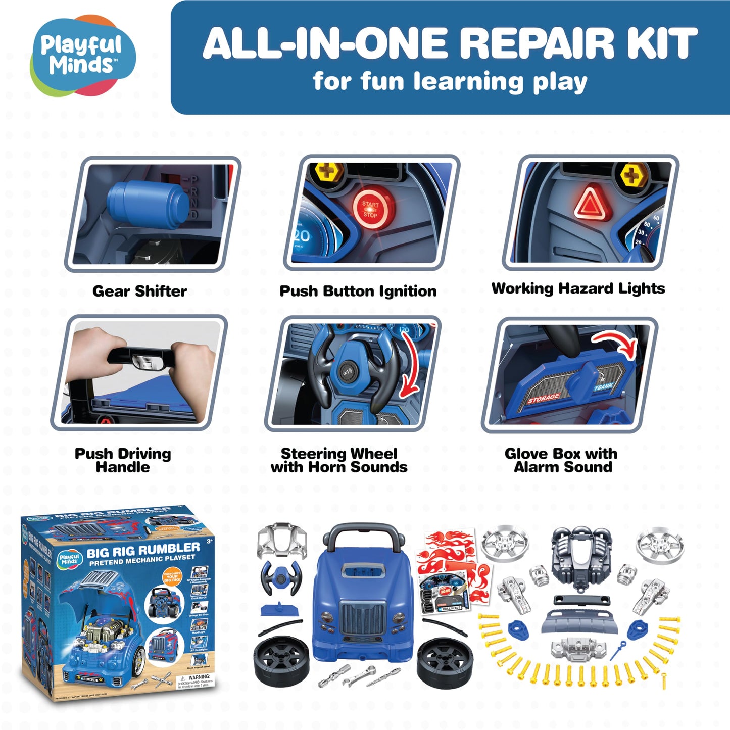 Playful Minds Interactive Large Truck Engine Toy for Kids - Complete Mechanic Repair Kit with Removable Parts, Lights, Sounds, Tools, Engine Builder