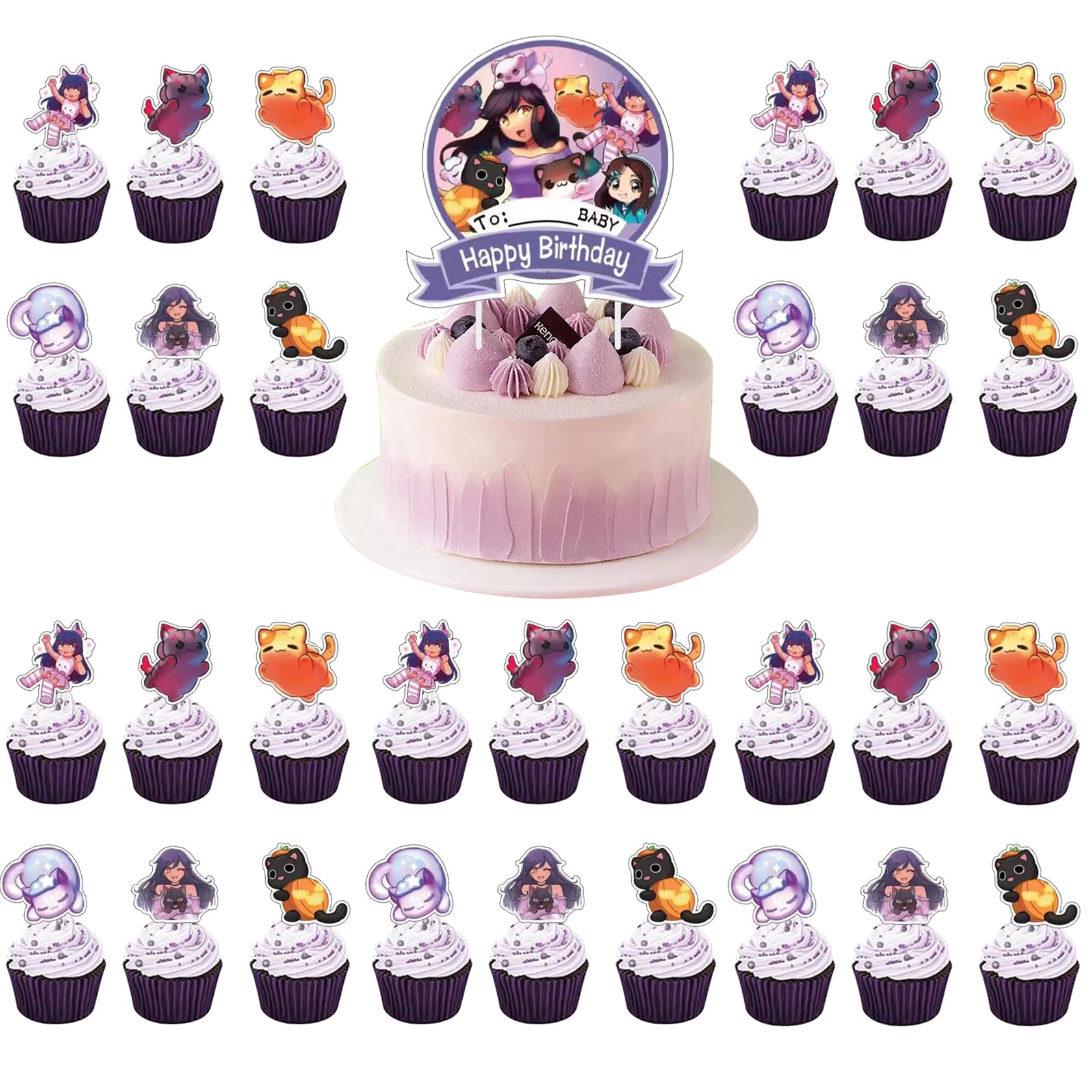 Jlemon 25Pcs Cat Game Party Cake topper Super Cat Theme Cake Decorations with 24pcs Cupcake Toppers, 1pcs Big Cake Topper for Cat Game Birthday Party