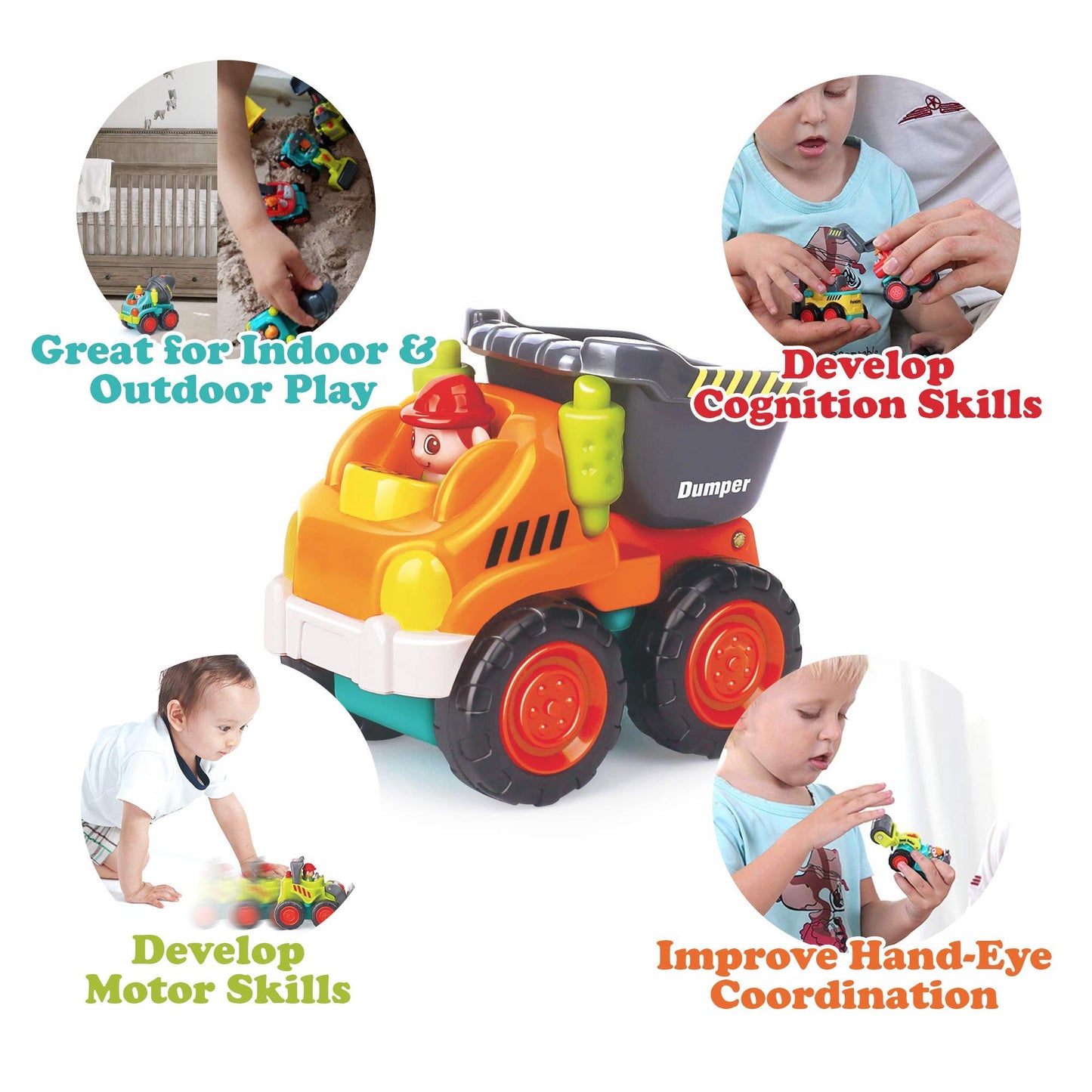 6 Pieces Construction Vehicles Toy Trucks Set - Bulldozer, Cement Mixer, Dumper, Forklift, Excavator and Road Roller for Your Little Contractor - Push