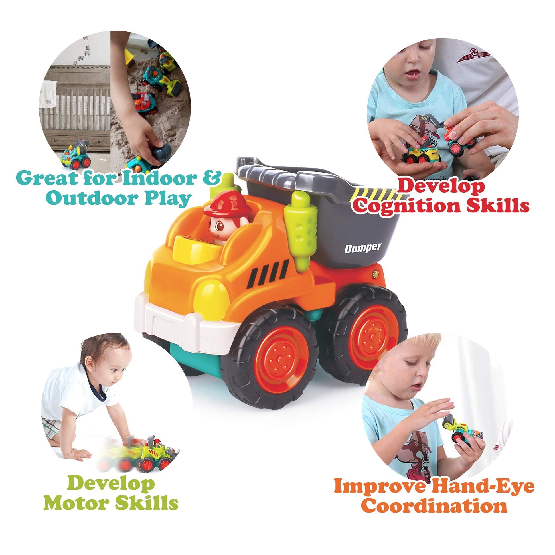 6 Pieces Construction Vehicles Toy Trucks Set - Bulldozer, Cement Mixer, Dumper, Forklift, Excavator and Road Roller for Your Little Contractor - Push