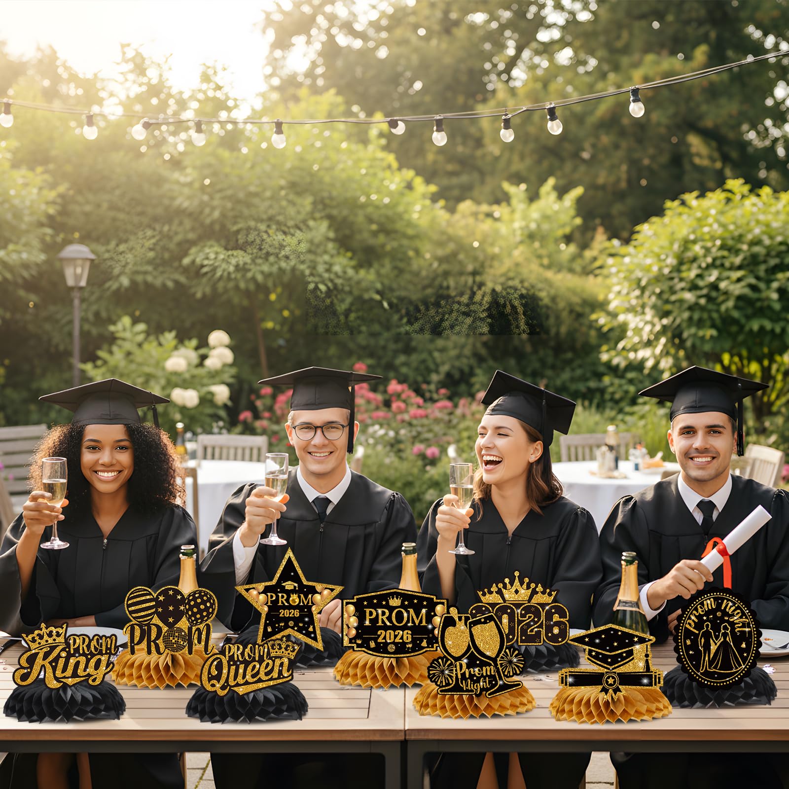 Vemfare Prom Graduation Centerpieces for Tables - 9 Pcs 2026 Graduation Honeycomb Centerpieces Decor, Black Golden High School College Graduate Party