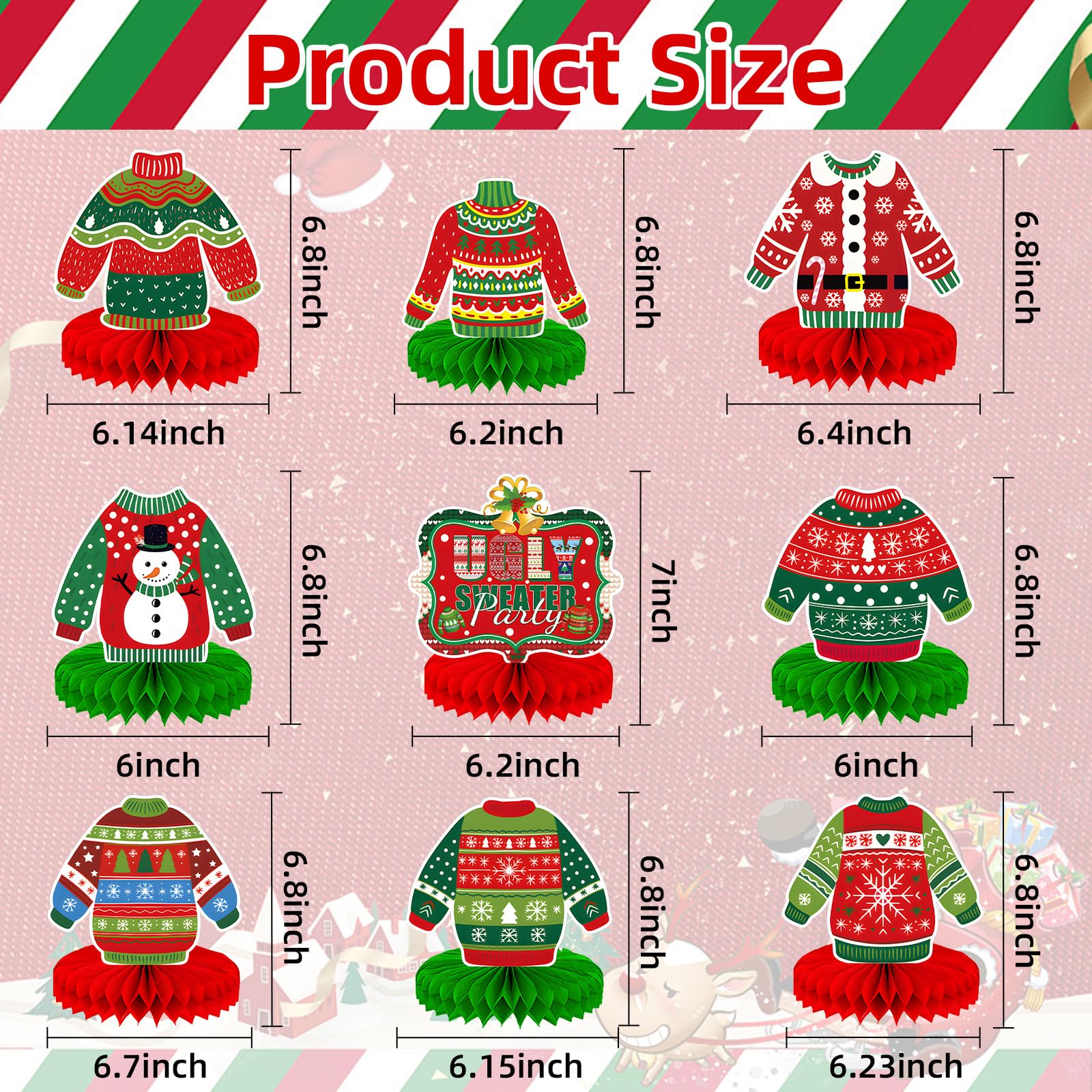 9 Pieces Ugly Christmas Sweater Honeycomb Centerpieces Table Decor, Holiday Party Table Toppers Ornaments Signs, Fun Xmas Sweater Party Decorations